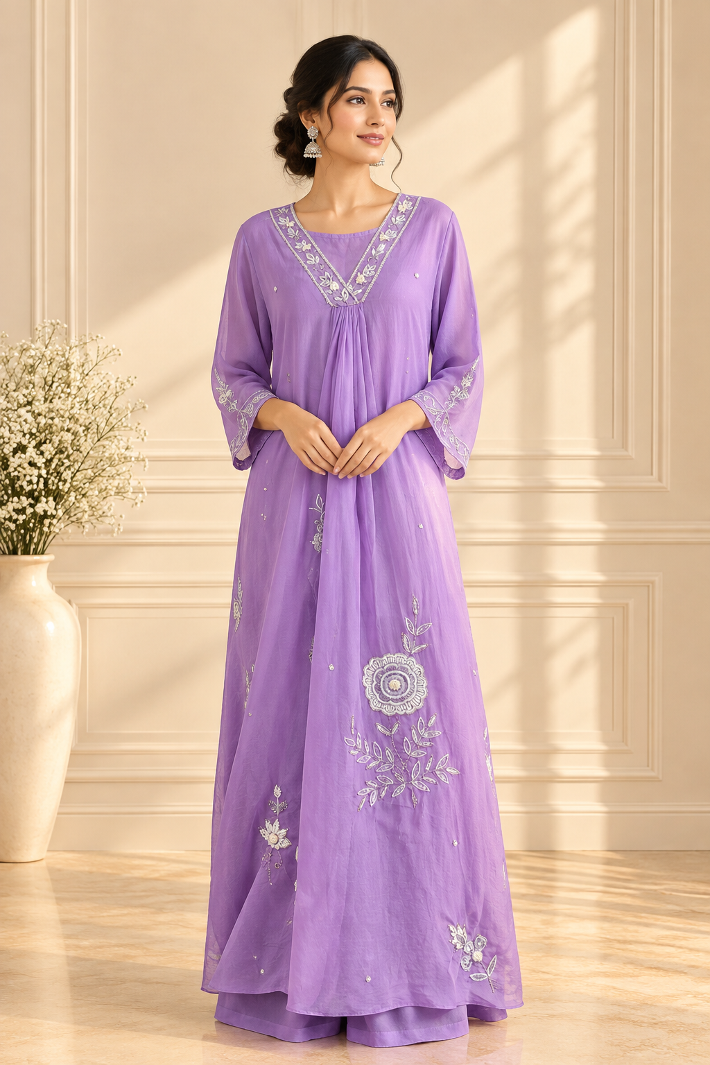 Lavender Hand-Embroidered Georgette Indo-Western Kaftan Set