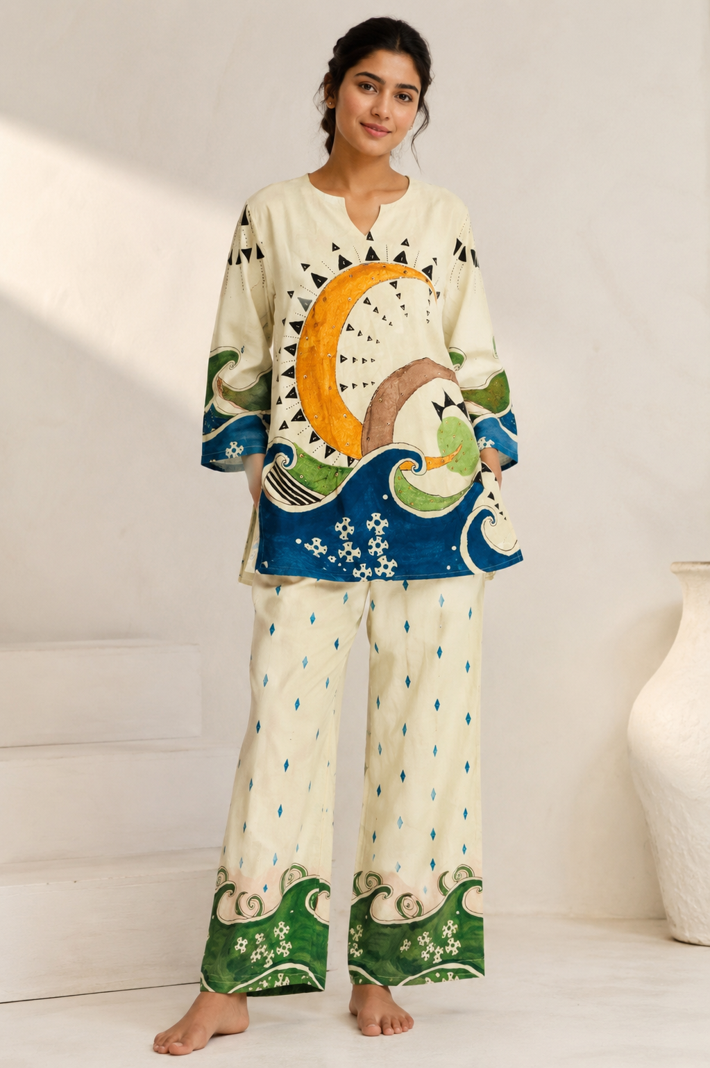Ivory Ocean Print Viscose Crepe Co-ord Set
