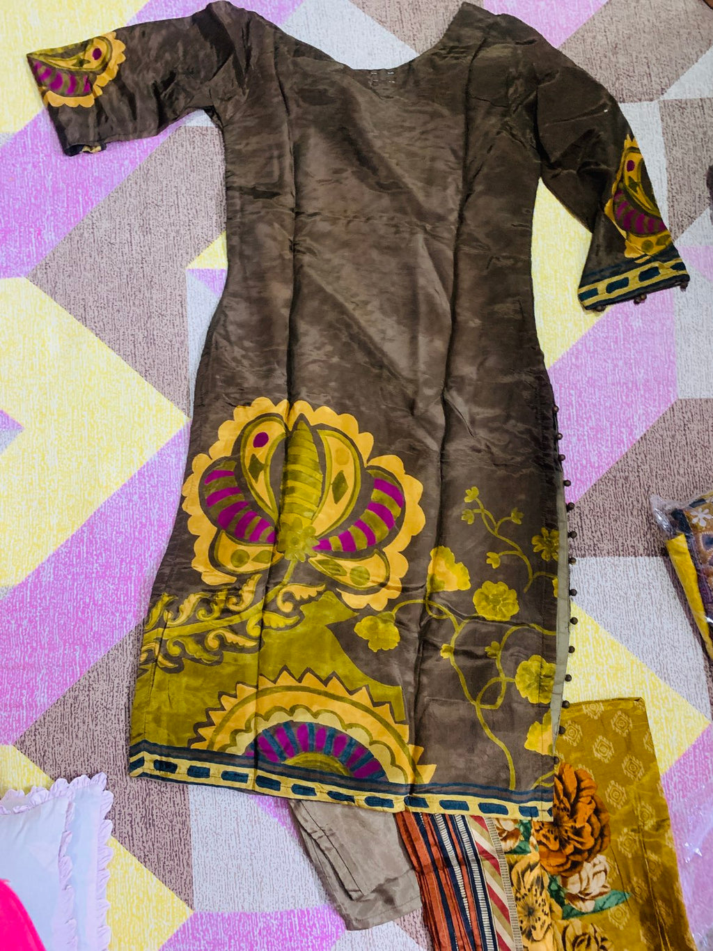 Mocha Bloom Printed Crepe Suit Set