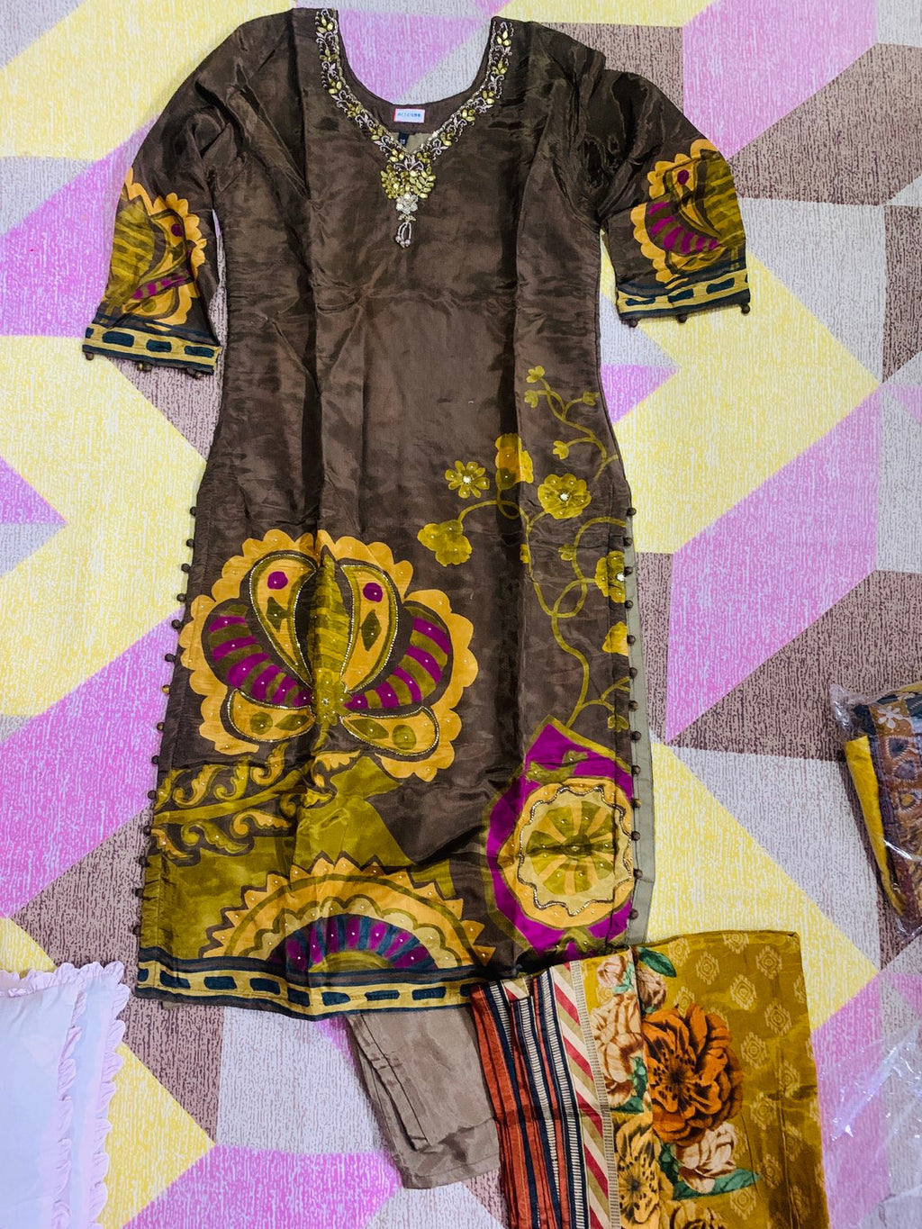 Mocha Bloom Printed Crepe Suit Set