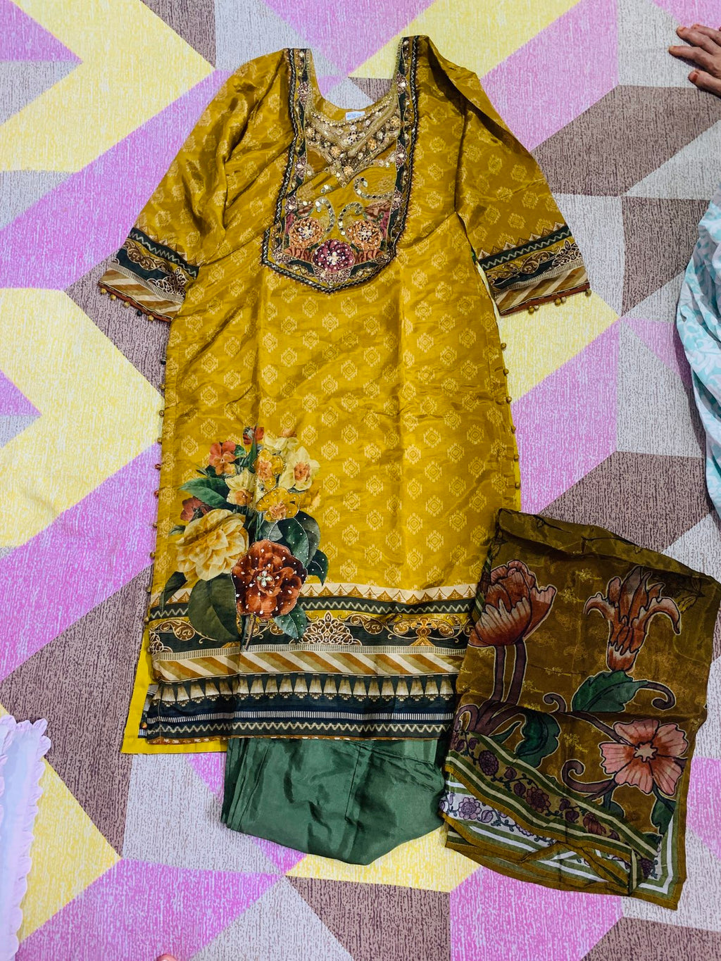 Mustard Floral Printed Crepe Kurta Set with Dupatta