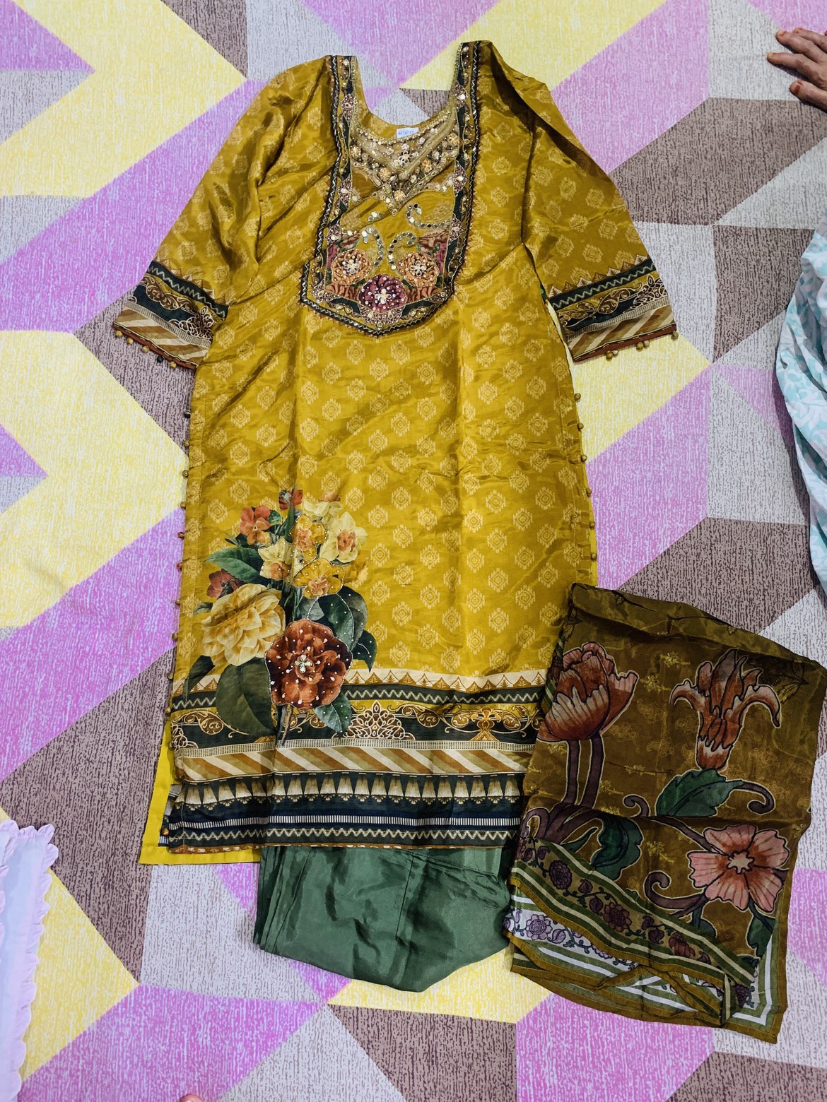 Mustard Floral Printed Crepe Kurta Set with Dupatta