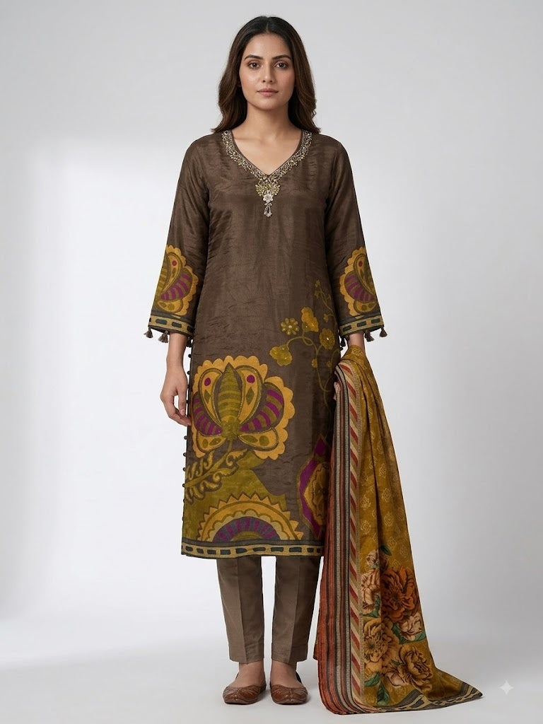 Mocha Bloom Printed Crepe Suit Set