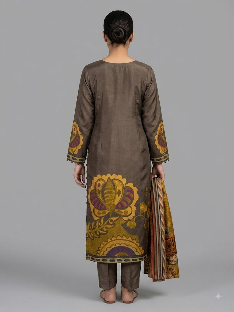 Mocha Bloom Printed Crepe Suit Set