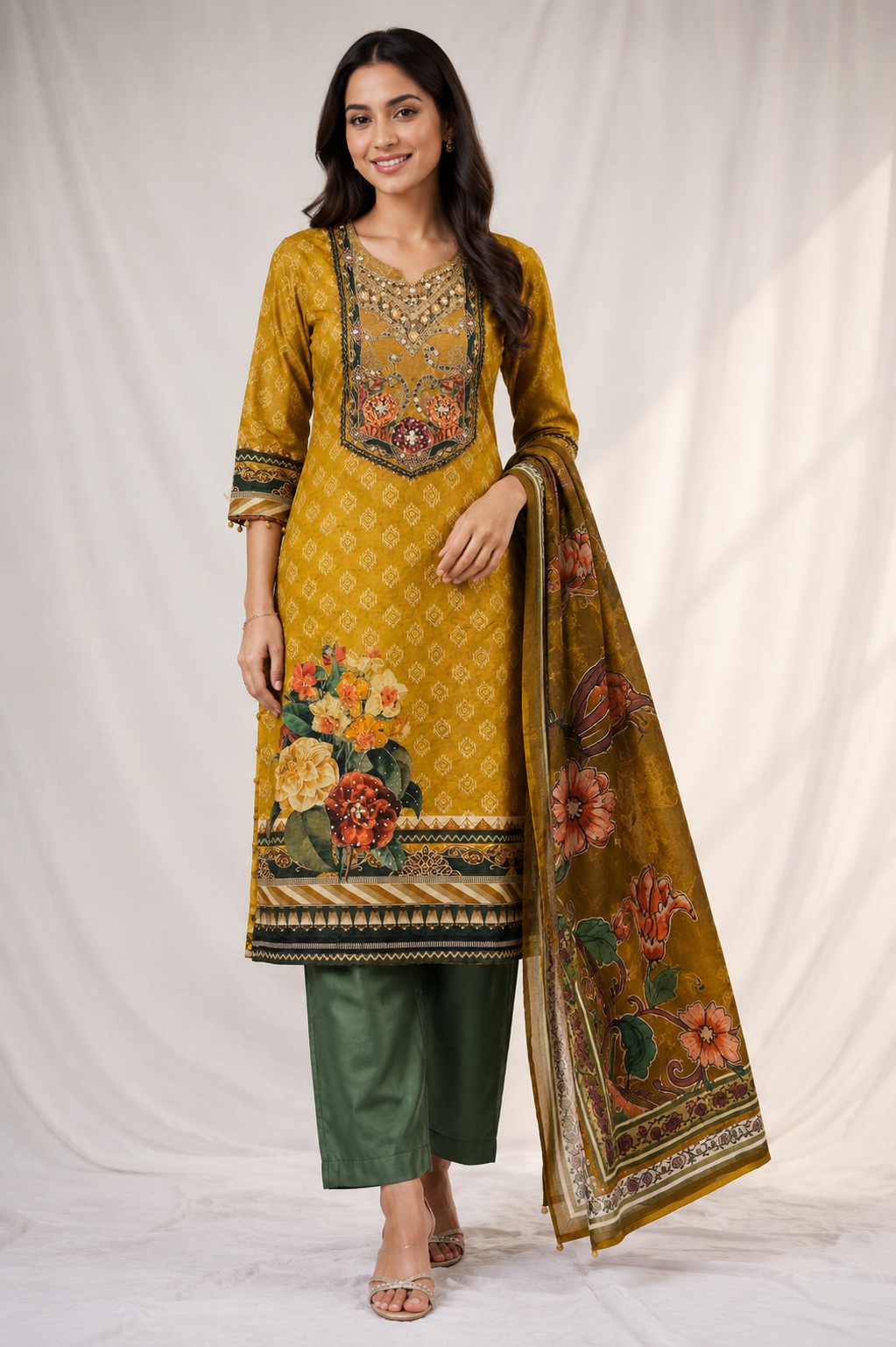 Mustard Floral Printed Crepe Kurta Set with Dupatta