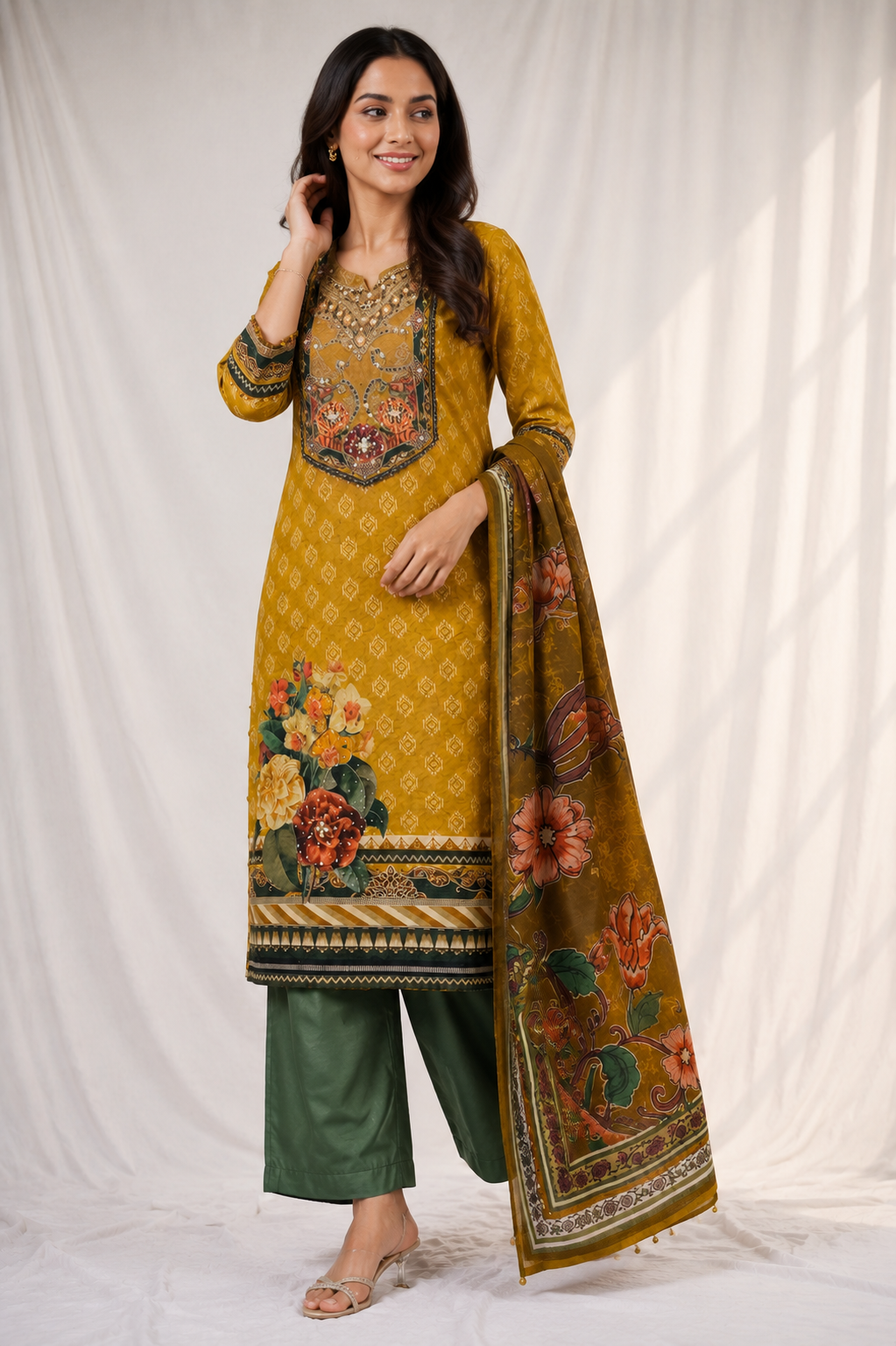 Mustard Floral Printed Crepe Kurta Set with Dupatta