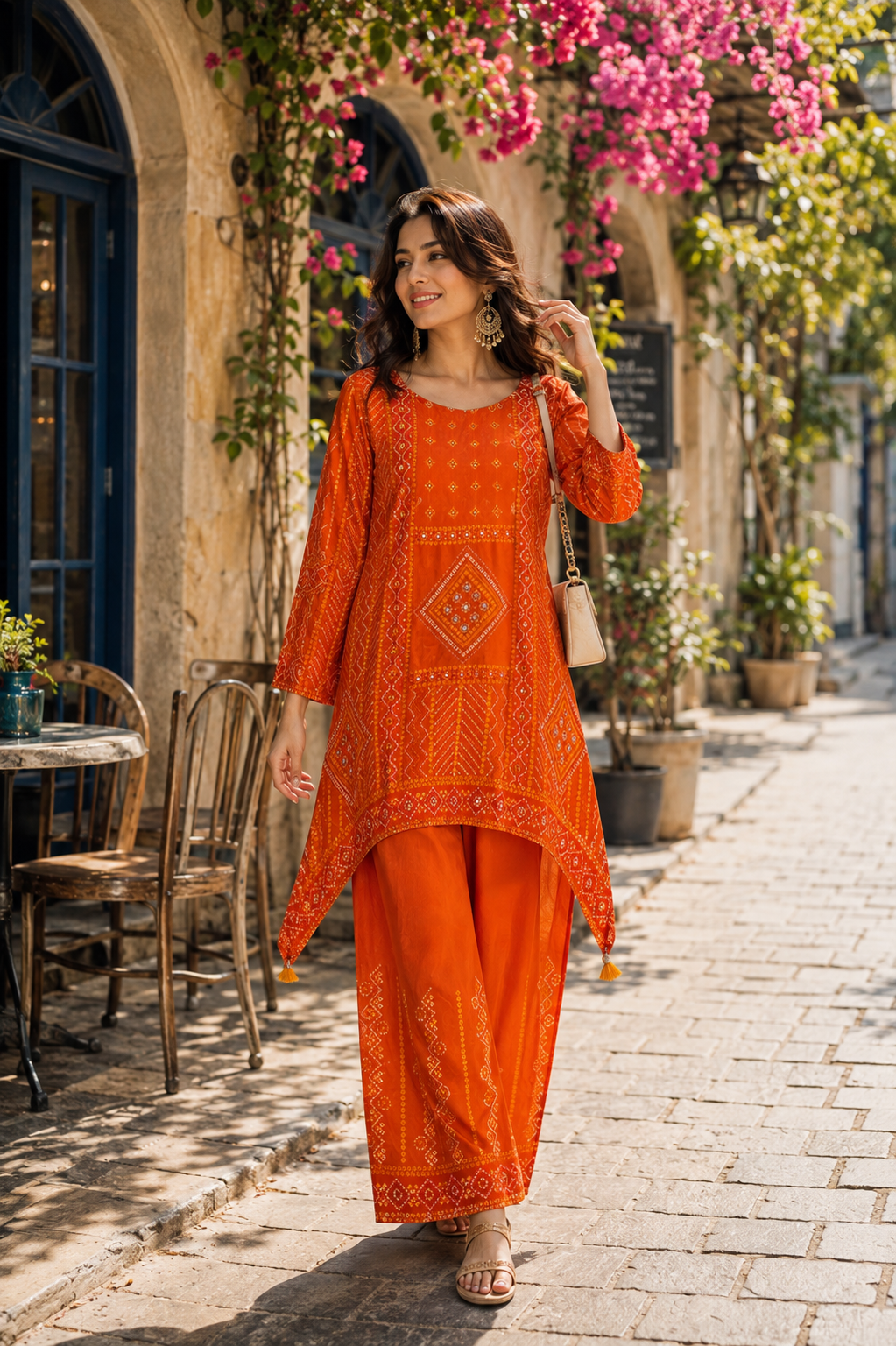 Festive Orange Bandhani Print Premium Modal Silk Kurta Set