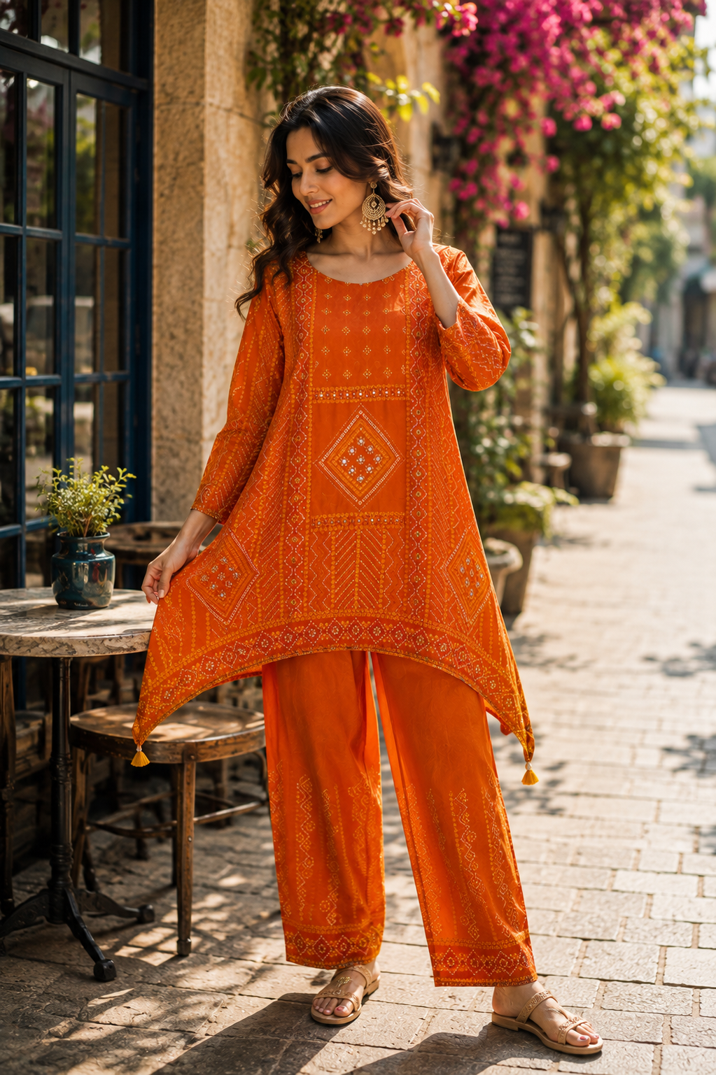 Festive Orange Bandhani Print Premium Modal Silk Kurta Set