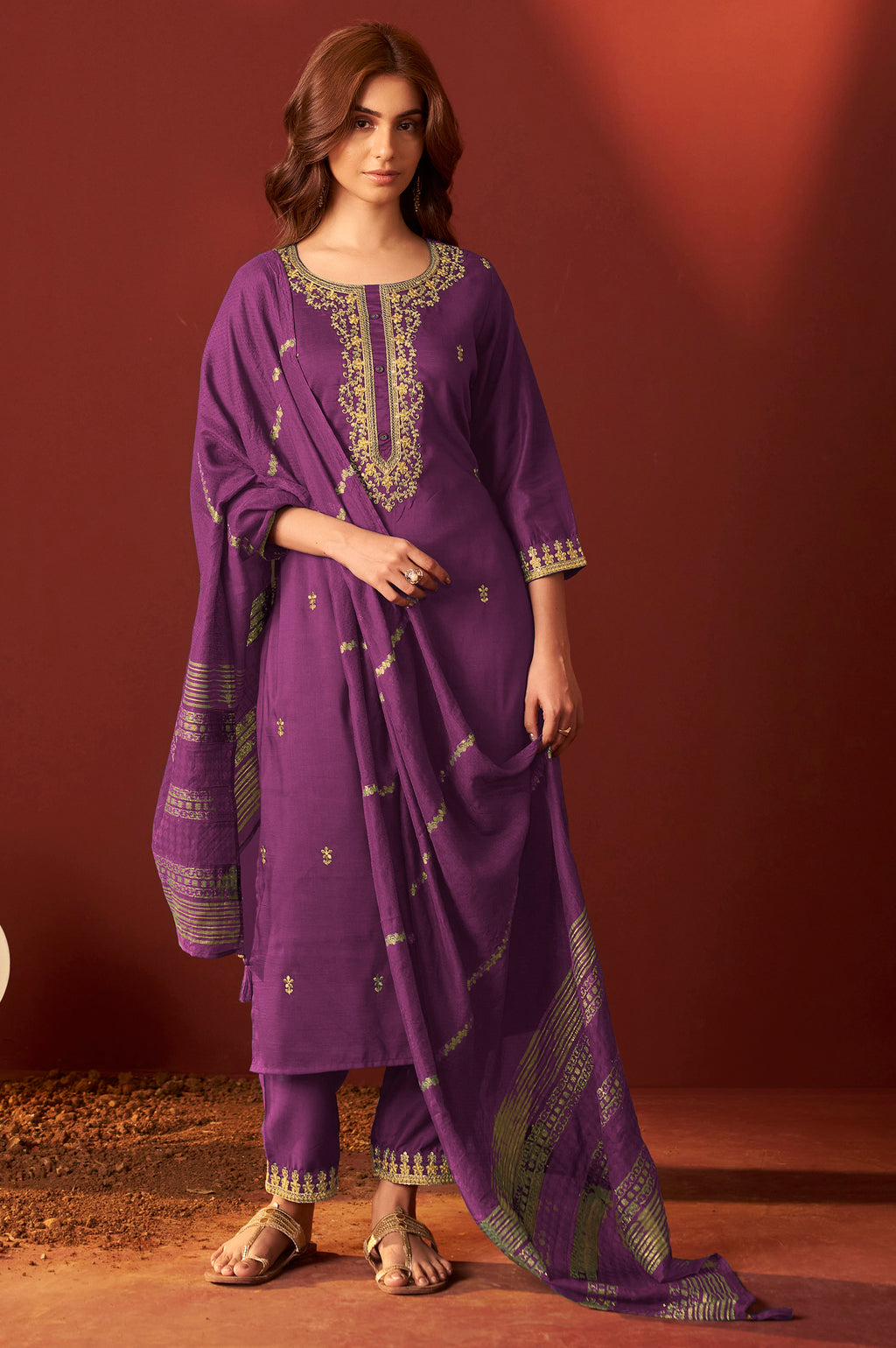 Royal Purple Embroidered Kurta Set with Dupatta