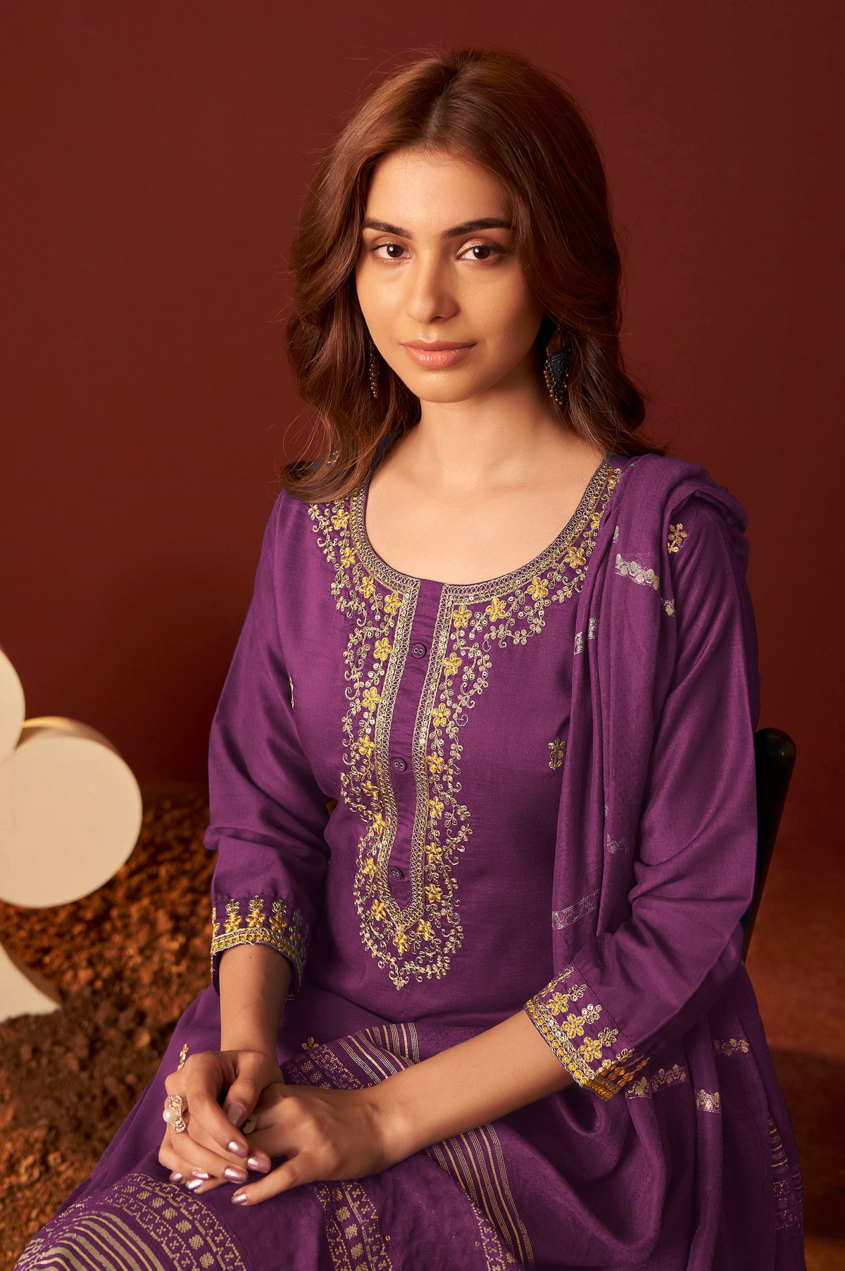 Royal Purple Embroidered Kurta Set with Dupatta