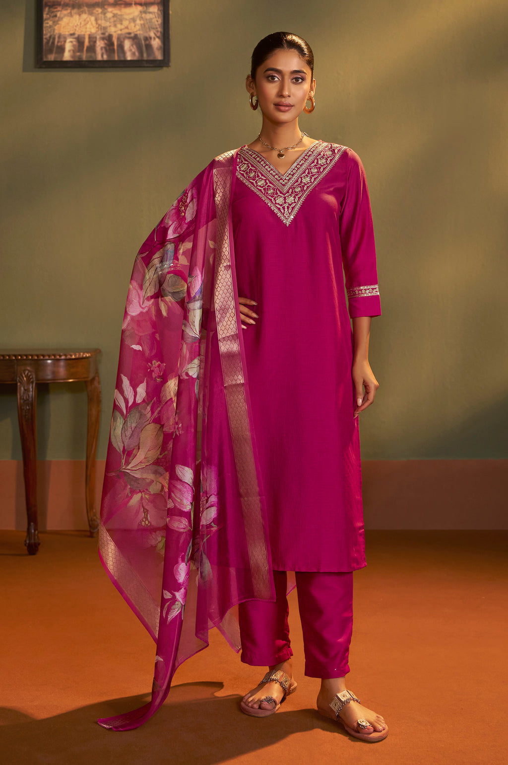 Pink Embroidered Cotton Kurta Set with Jacquard Dupatta