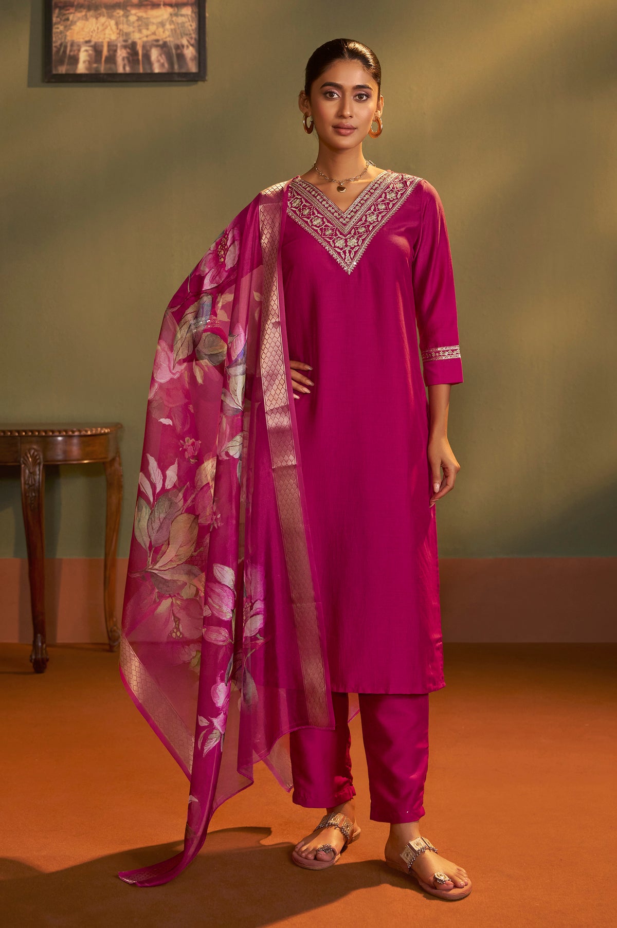 Pink Embroidered Cotton Kurta Set with Jacquard Dupatta