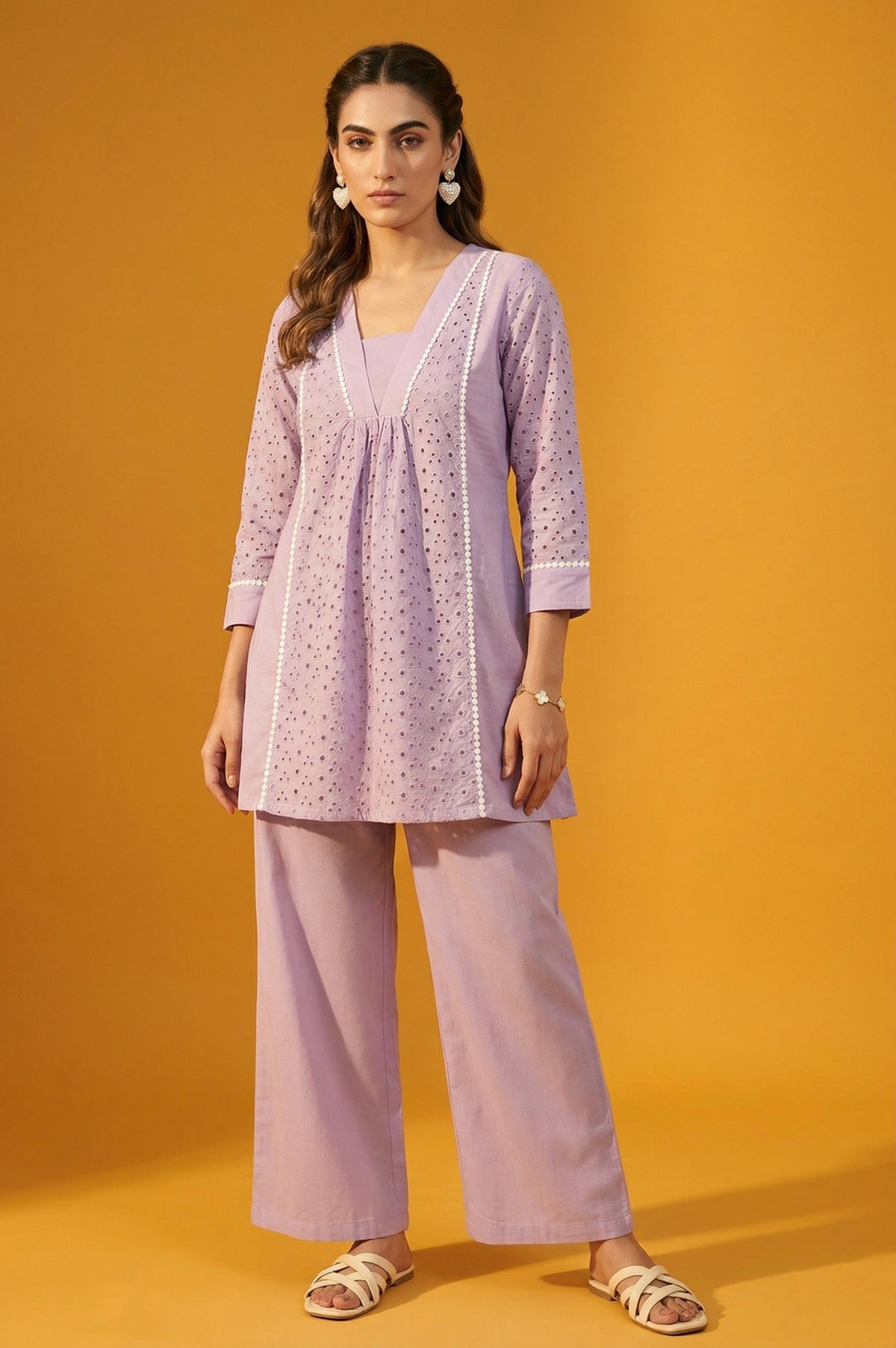 Lilac Fit & Flare Schiffli Cotton Co-Ord Set