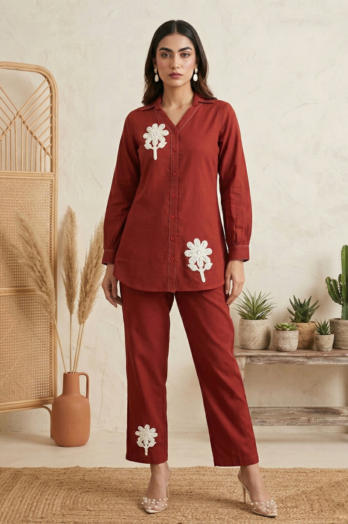 Rust Embroidered Butta Cotton Co-Ord Set
