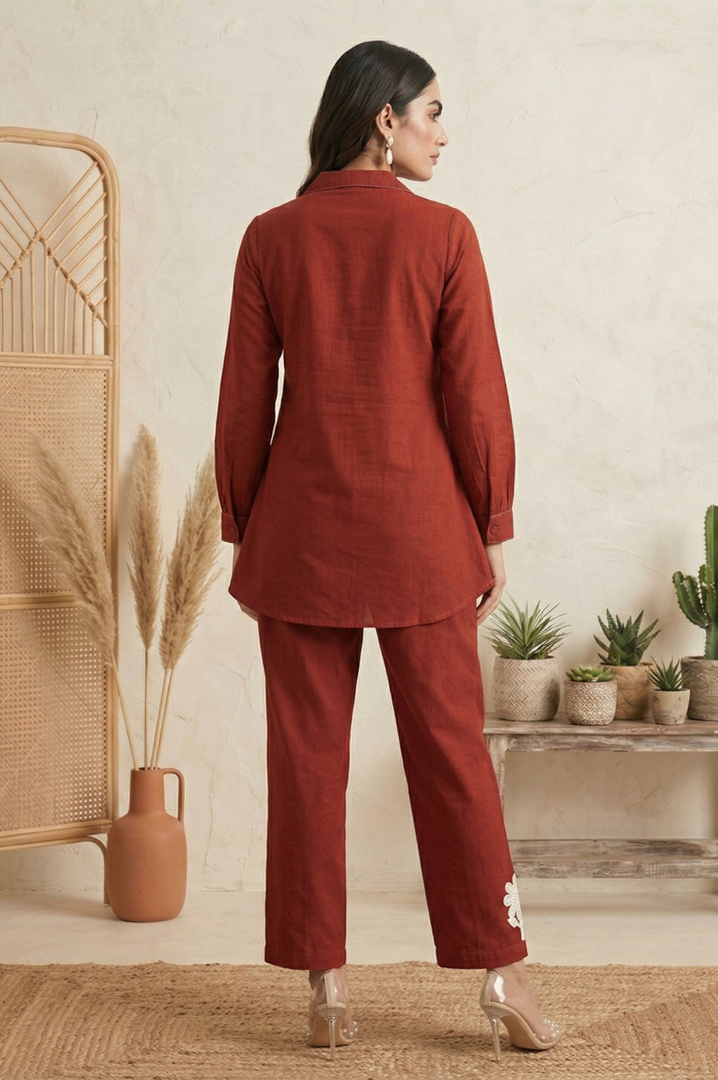 Rust Embroidered Butta Cotton Co-Ord Set