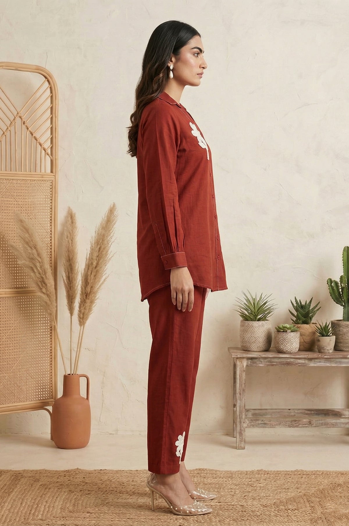 Rust Embroidered Butta Cotton Co-Ord Set