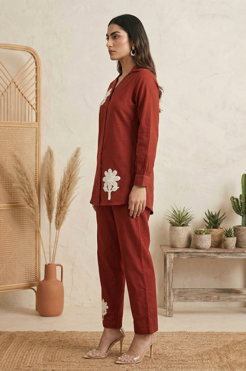 Rust Embroidered Butta Cotton Co-Ord Set