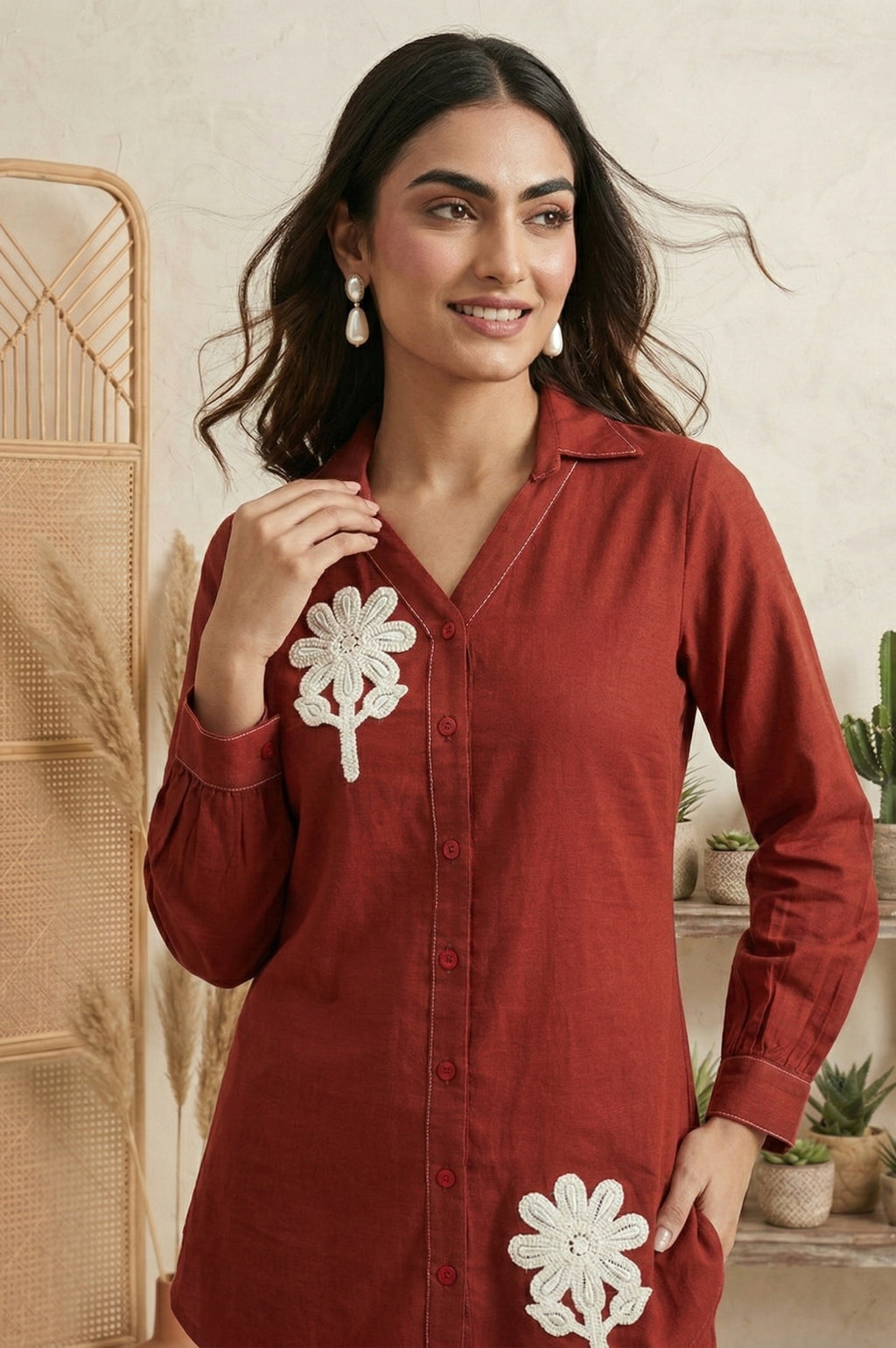 Rust Embroidered Butta Cotton Co-Ord Set