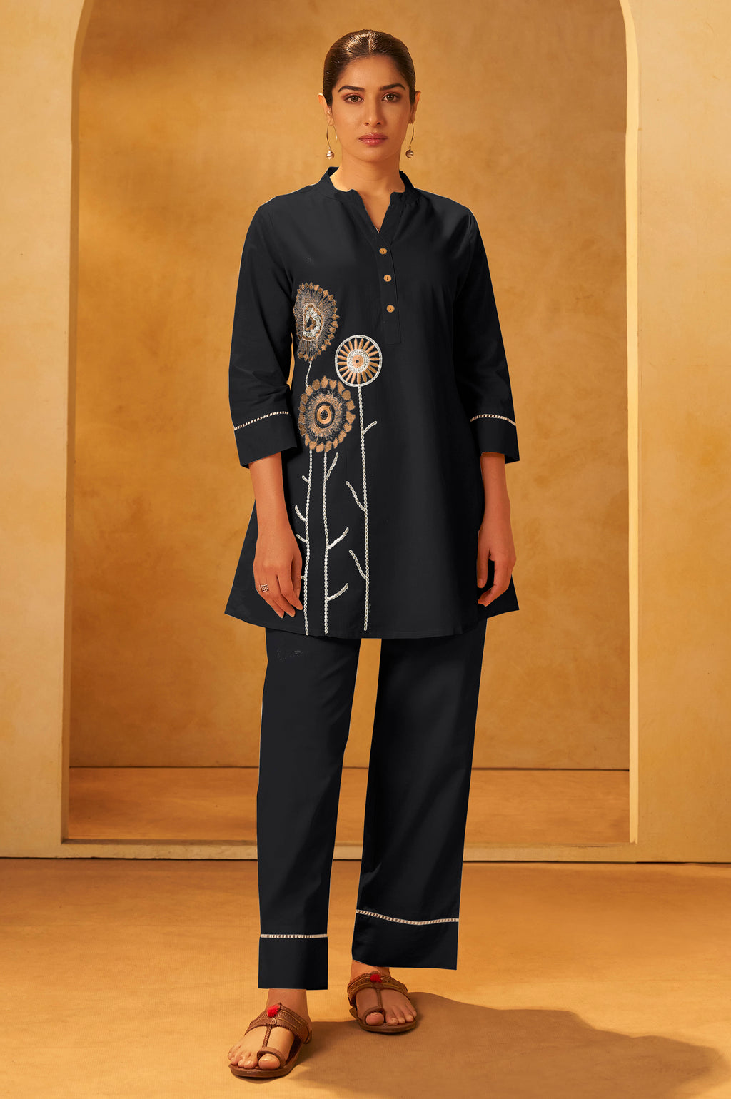 Black Embroidered Cotton Co-Ord Set