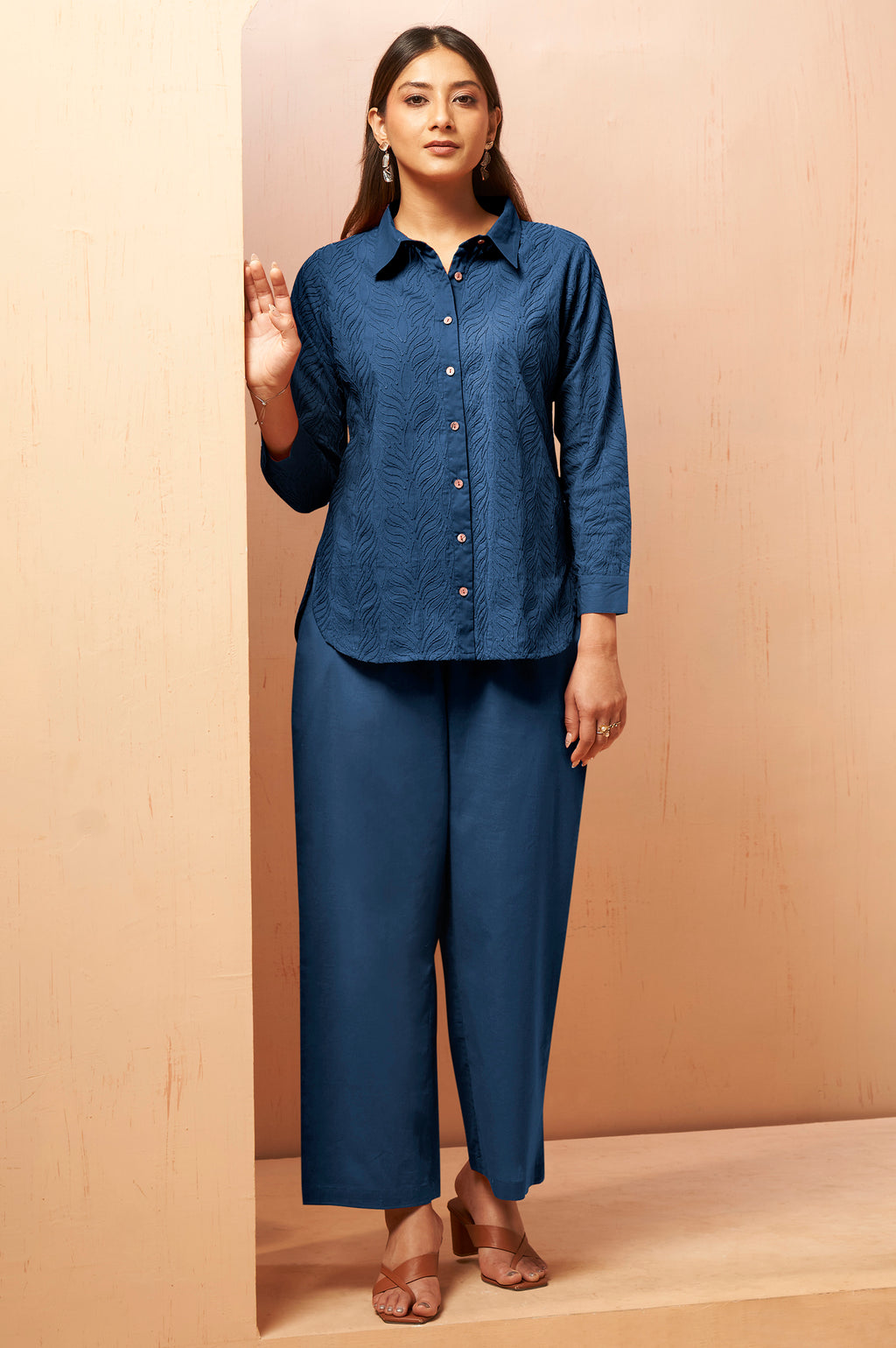 Navy Blue Embroidered Cotton Co-Ord Set