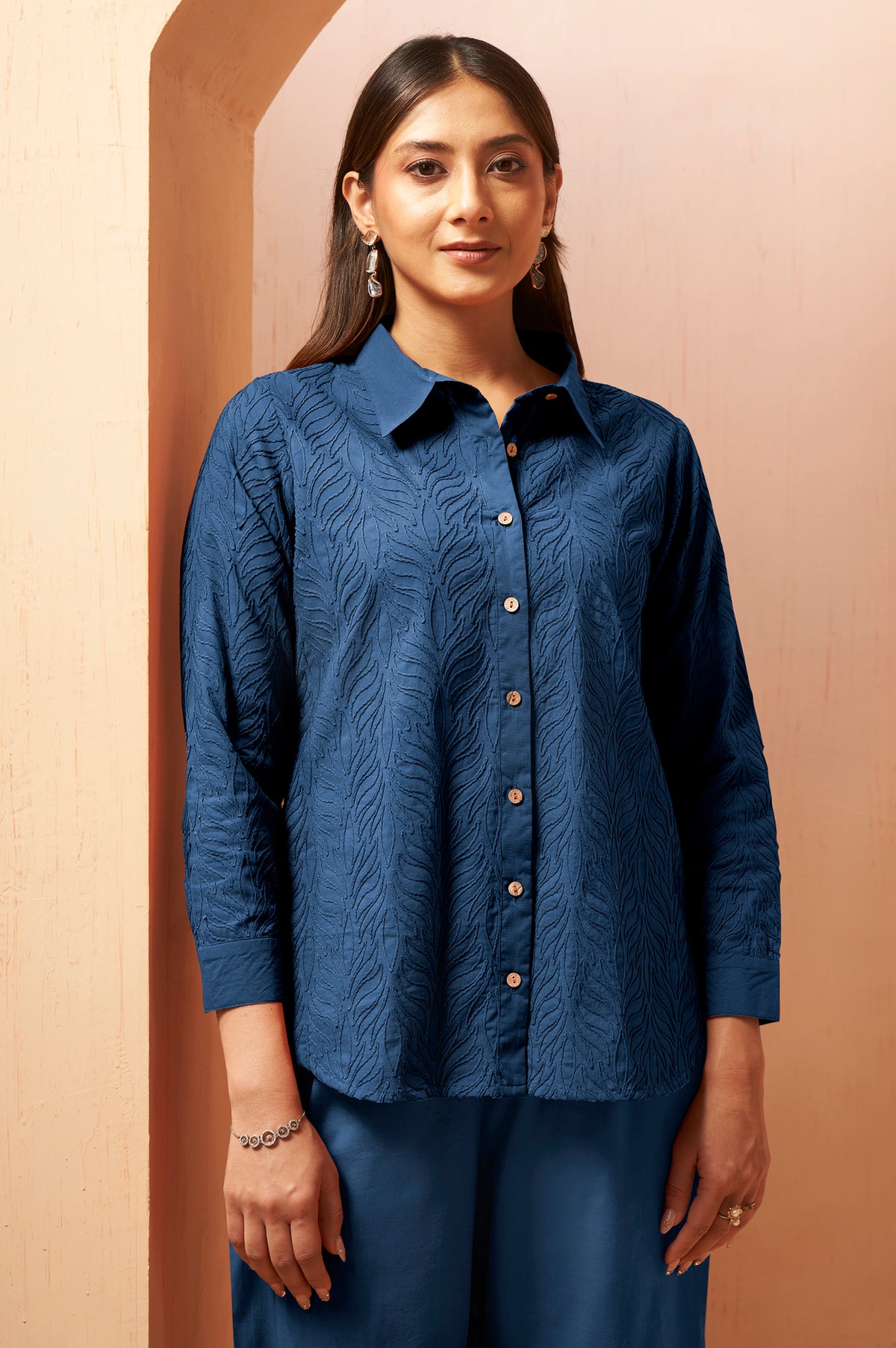 Navy Blue Embroidered Cotton Co-Ord Set
