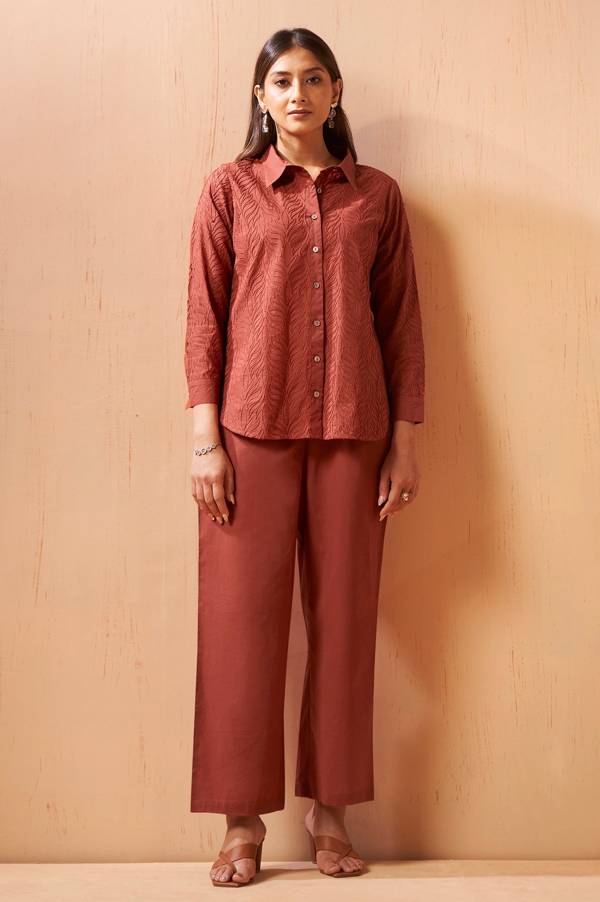 Rust Embroidered Cotton Co-Ord Set