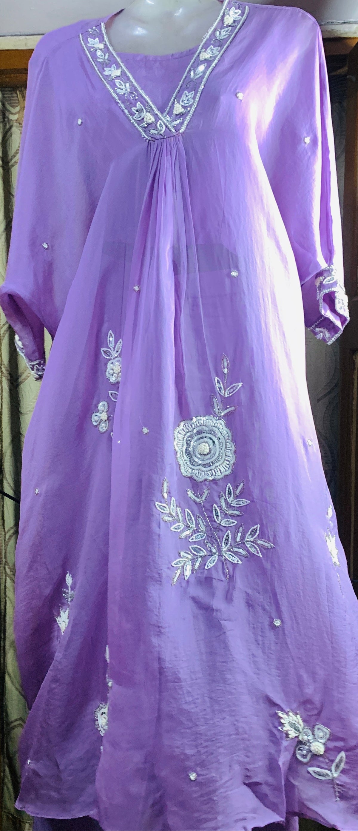 Lavender Hand-Embroidered Georgette Indo-Western Kaftan Set