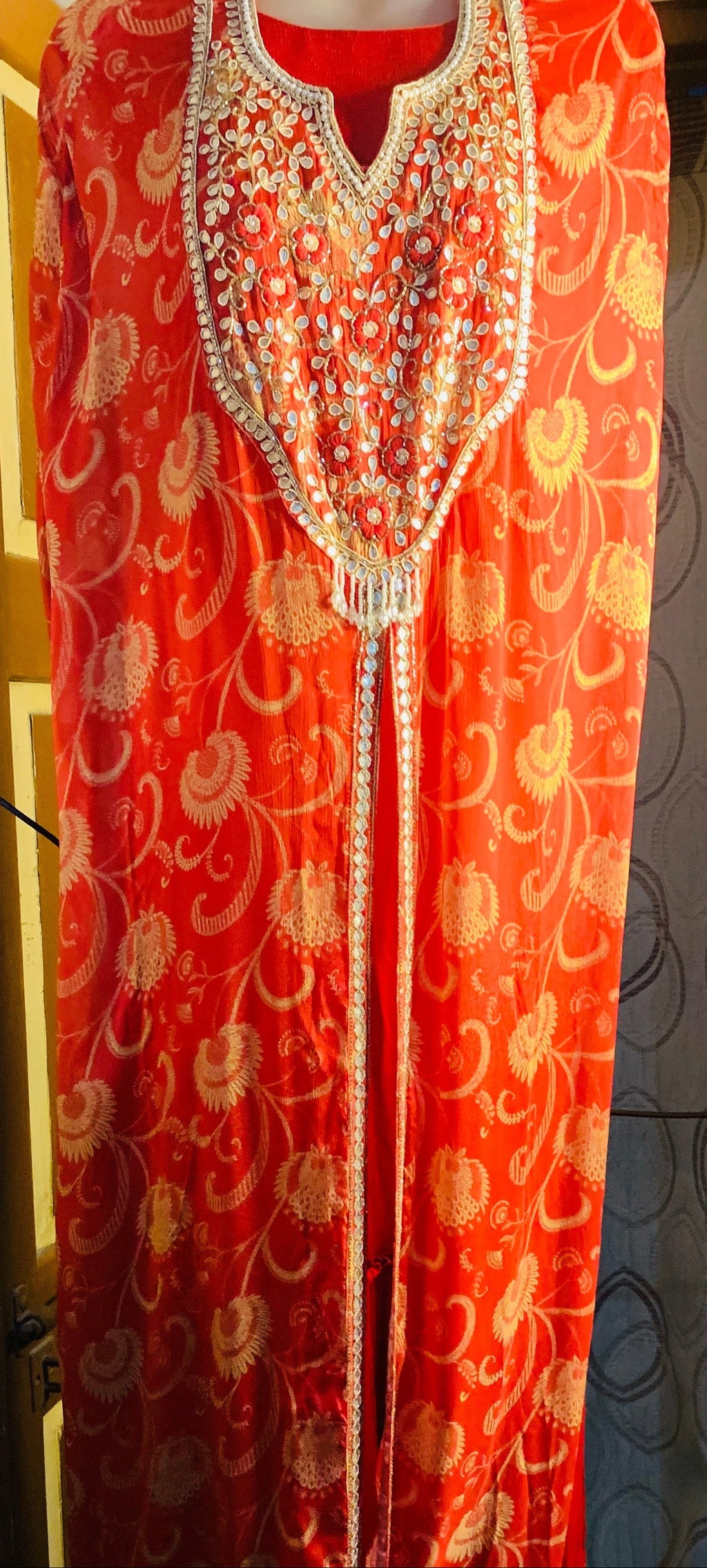 Red Embroidered Silk Anarkali Cape-styled festive Indo-Western Dress
