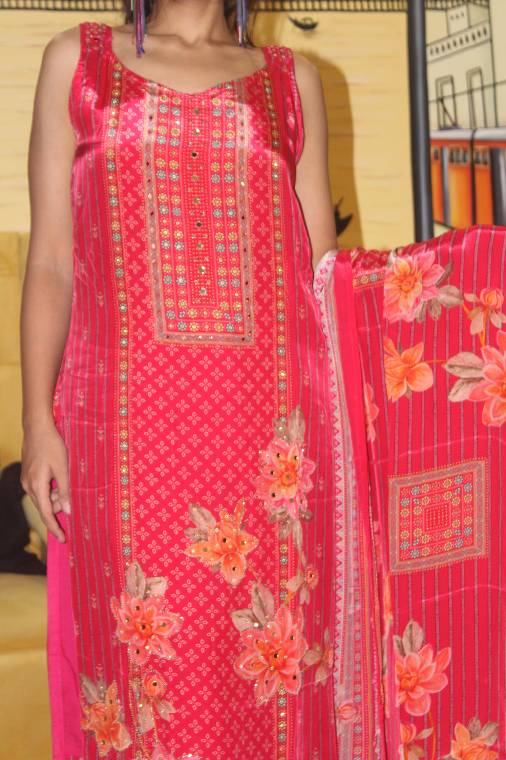 Vivid Rose Premium Silk Blend Kurta Set with 3D Florals