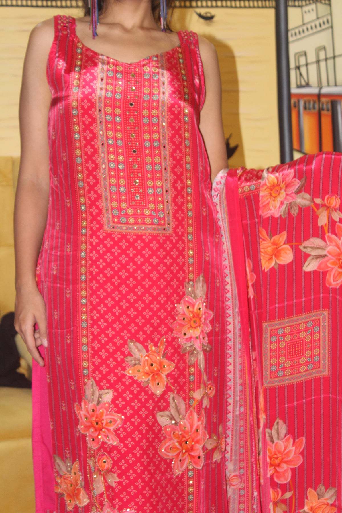 Vivid Rose Premium Silk Blend Kurta Set with 3D Florals