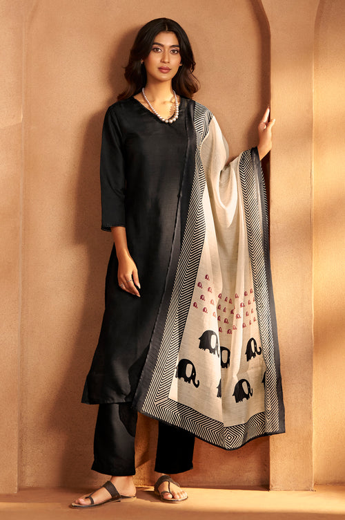Black Embroidered Cotton Kurta Set with Chanderi Dupatta
