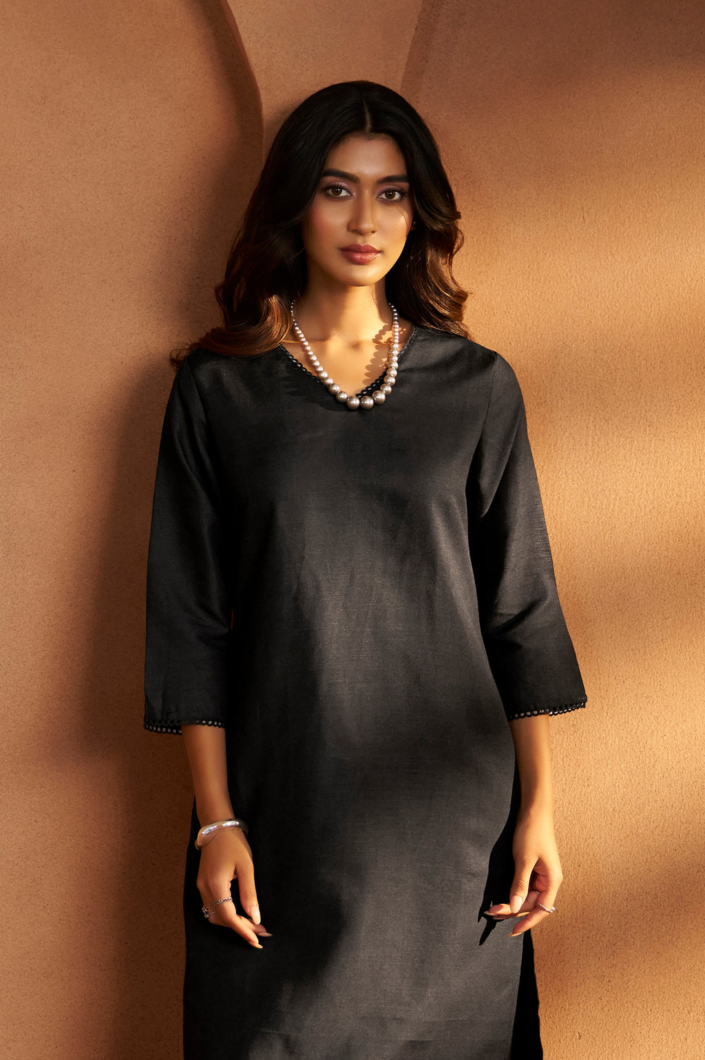 Black Embroidered Cotton Kurta Set with Chanderi Dupatta