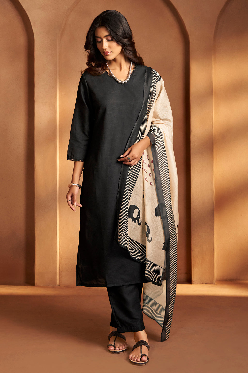 Black Embroidered Cotton Kurta Set with Chanderi Dupatta