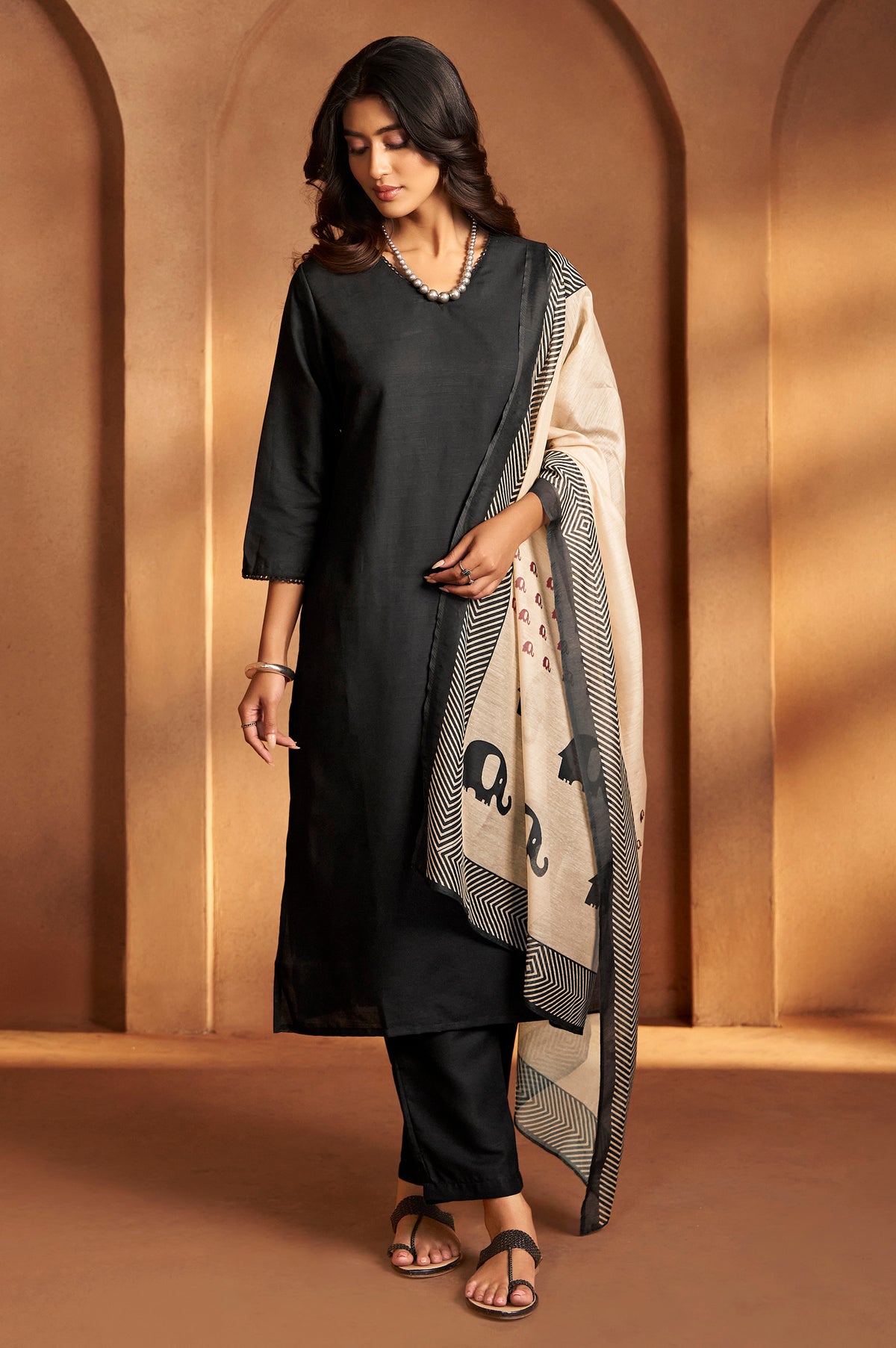 Black Embroidered Cotton Kurta Set with Chanderi Dupatta