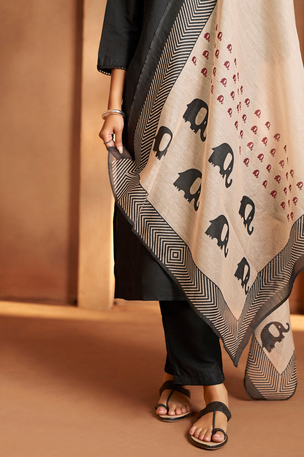 Black Embroidered Cotton Kurta Set with Chanderi Dupatta