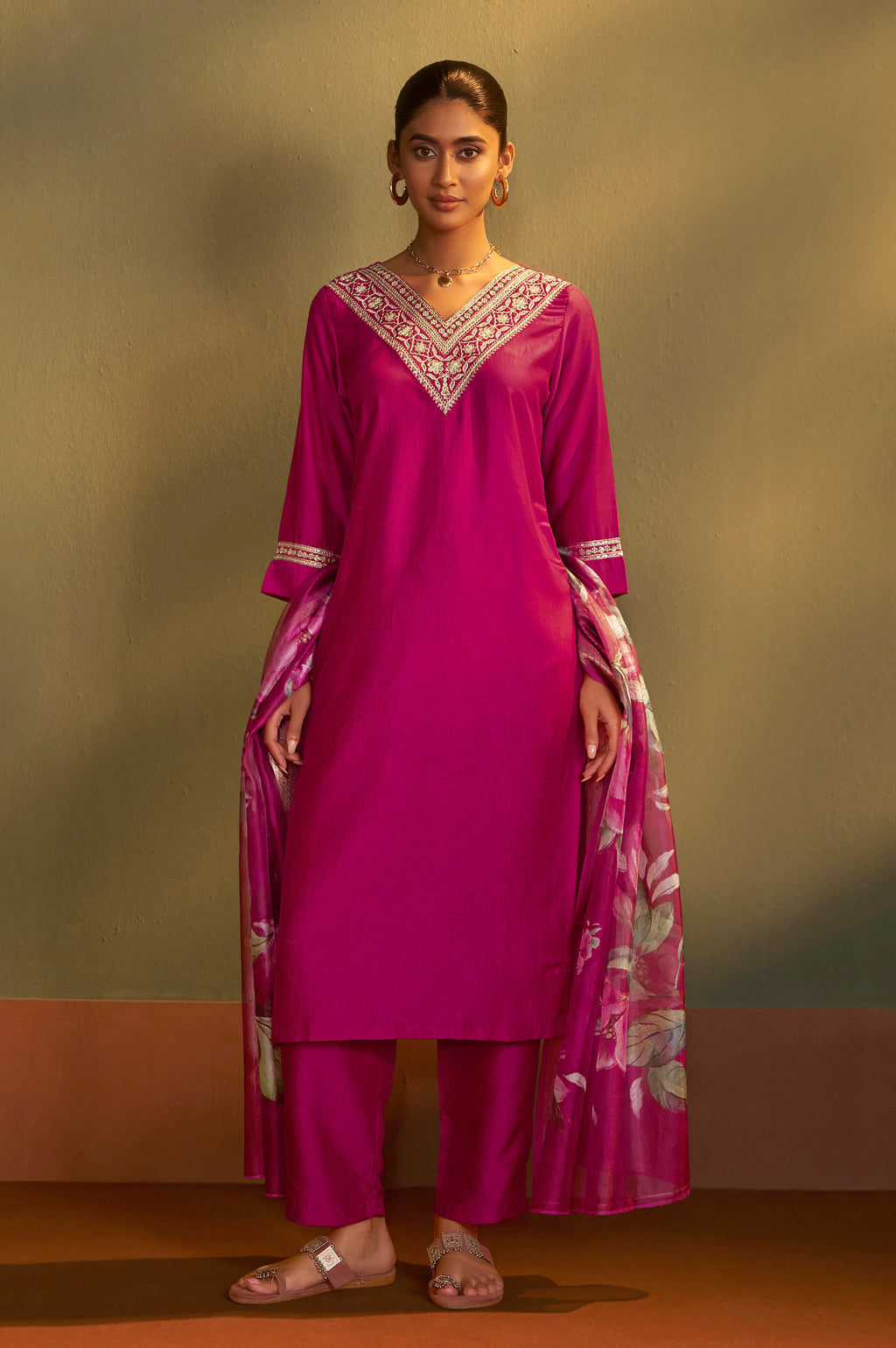 Pink Embroidered Cotton Kurta Set with Jacquard Dupatta
