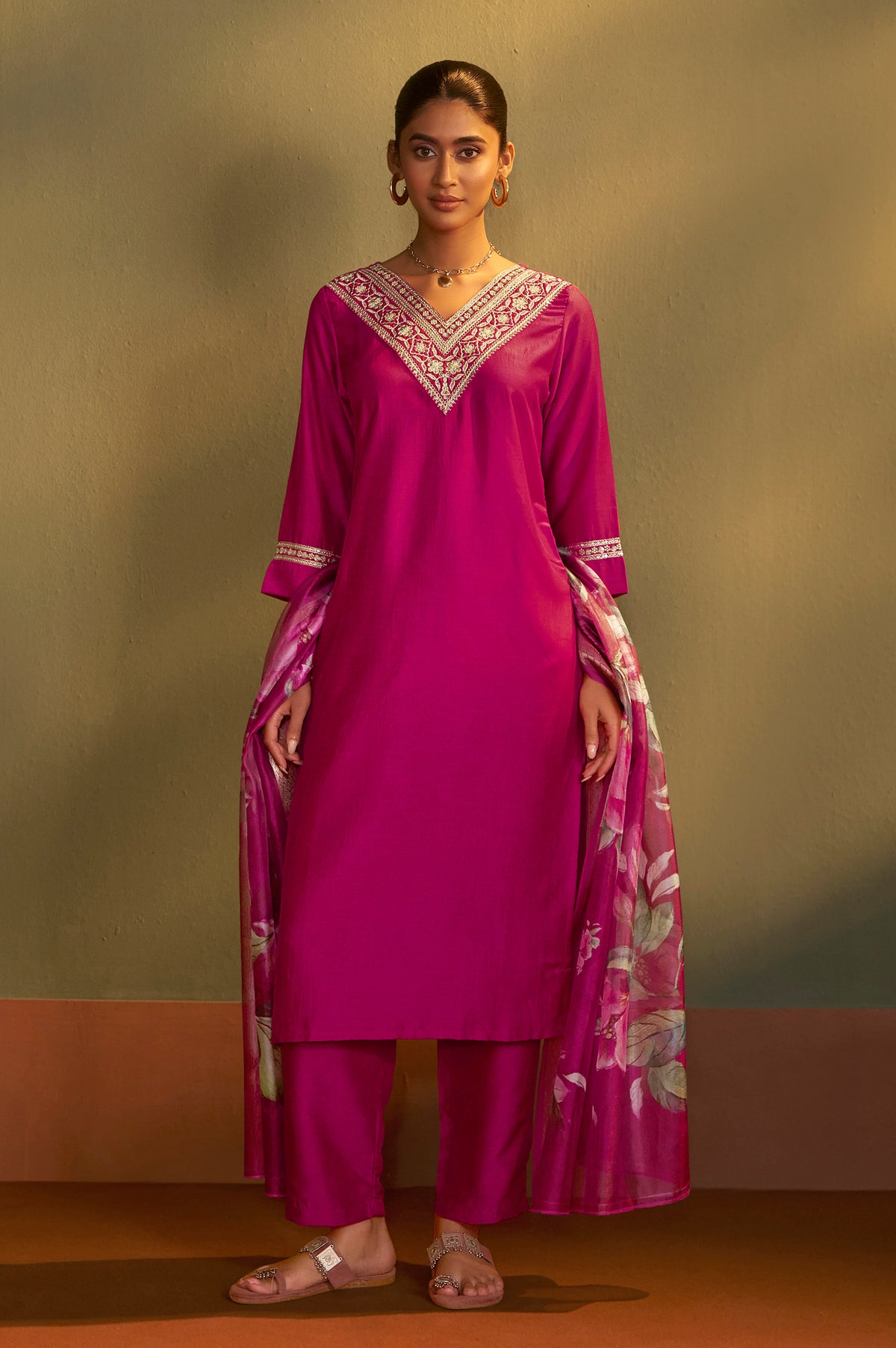 Pink Embroidered Cotton Kurta Set with Jacquard Dupatta