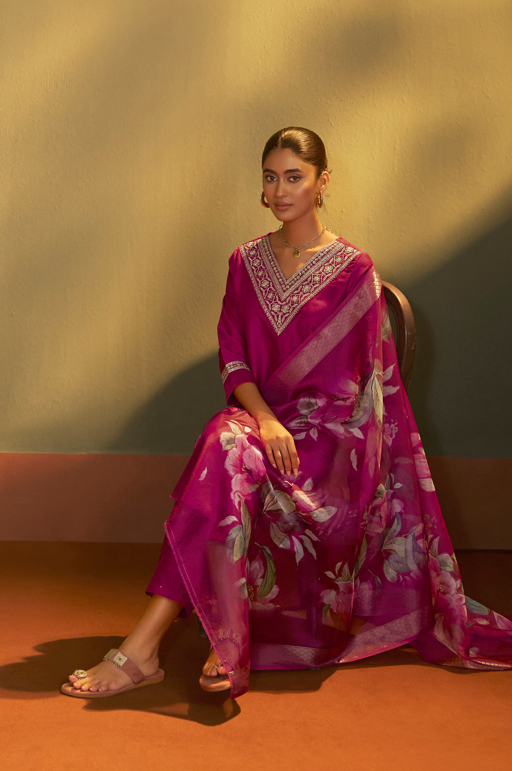 Pink Embroidered Cotton Kurta Set with Jacquard Dupatta