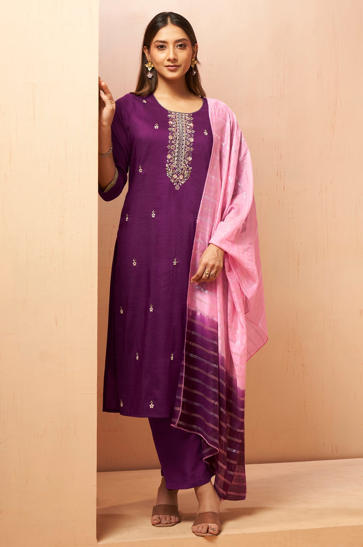 Wine Red Chinon Kurta Set with Embroidered Detailing