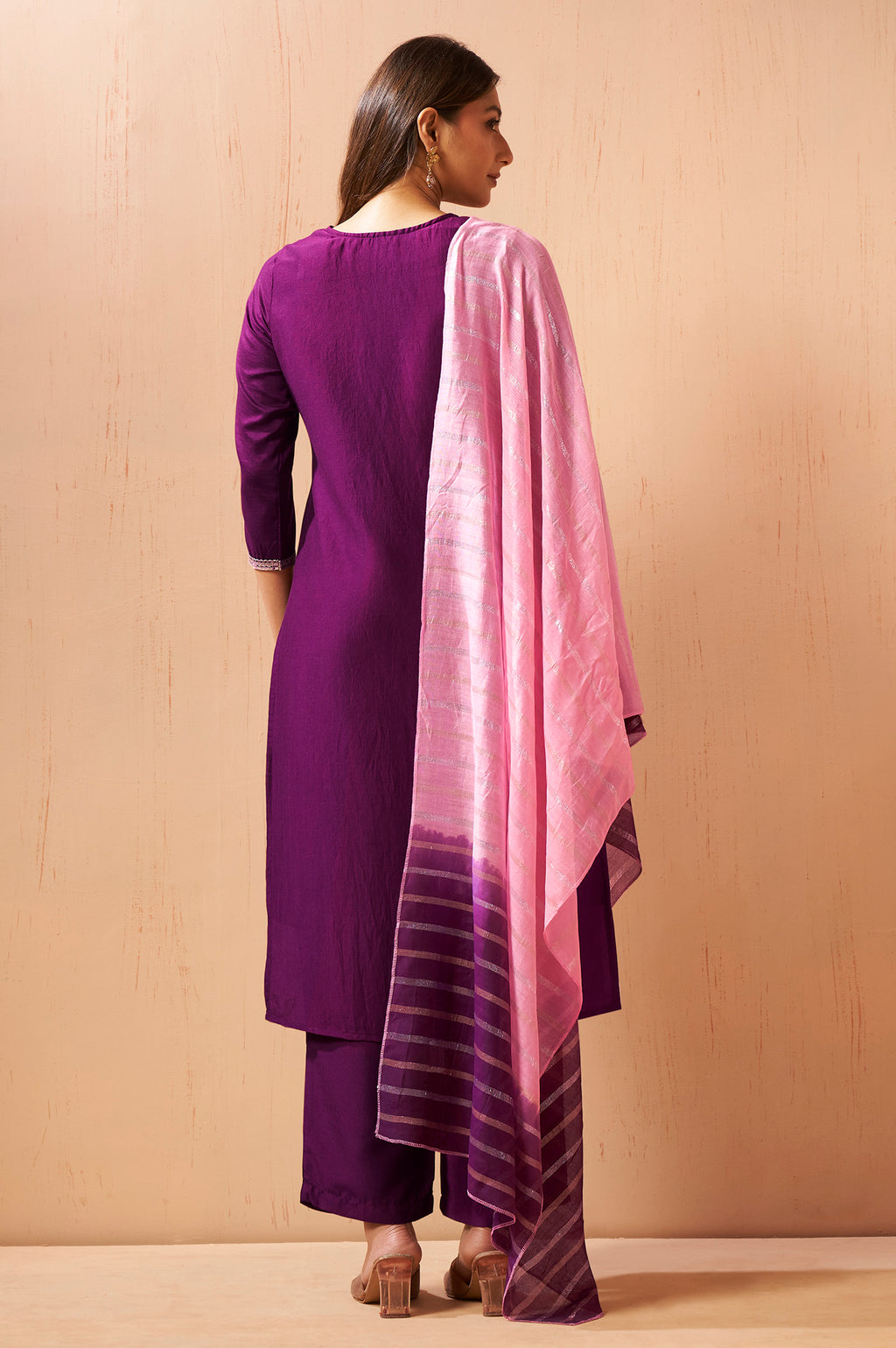 Wine Red Chinon Kurta Set with Embroidered Detailing