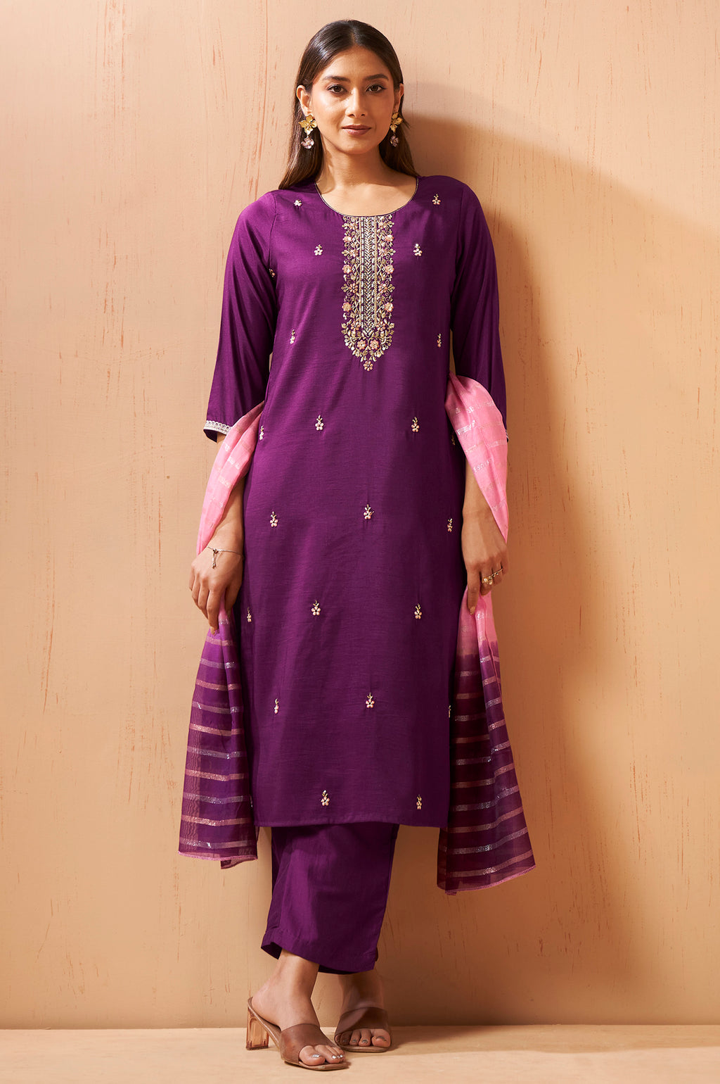 Wine Red Chinon Kurta Set with Embroidered Detailing