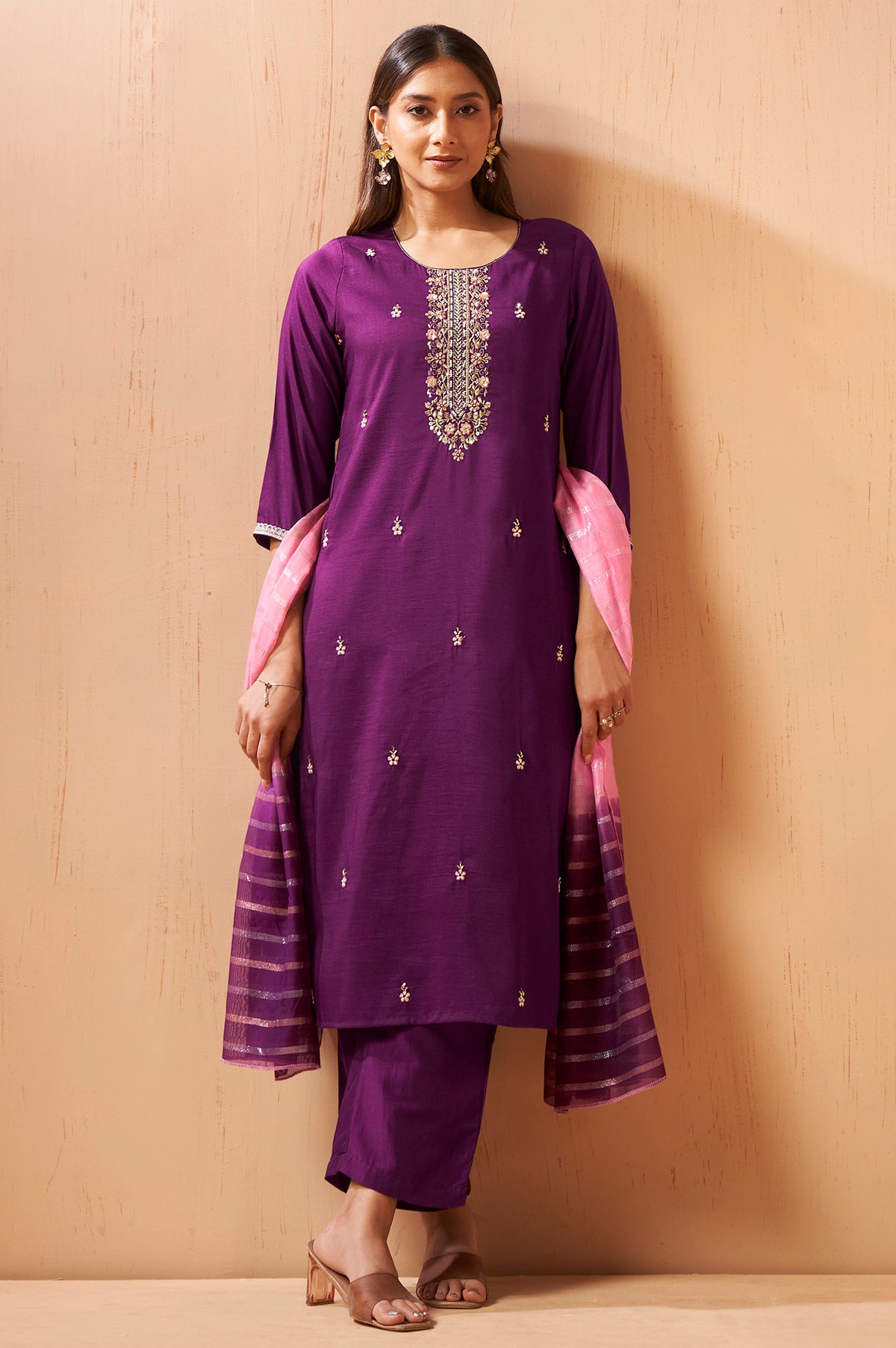 Wine Red Chinon Kurta Set with Embroidered Detailing