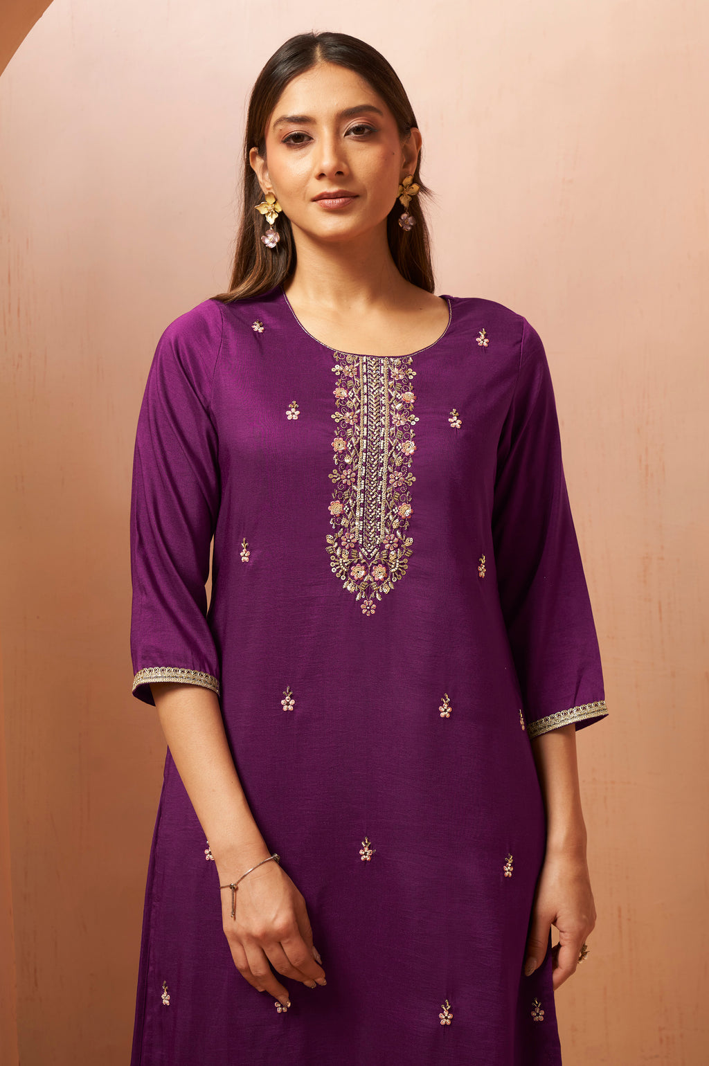 Wine Red Chinon Kurta Set with Embroidered Detailing