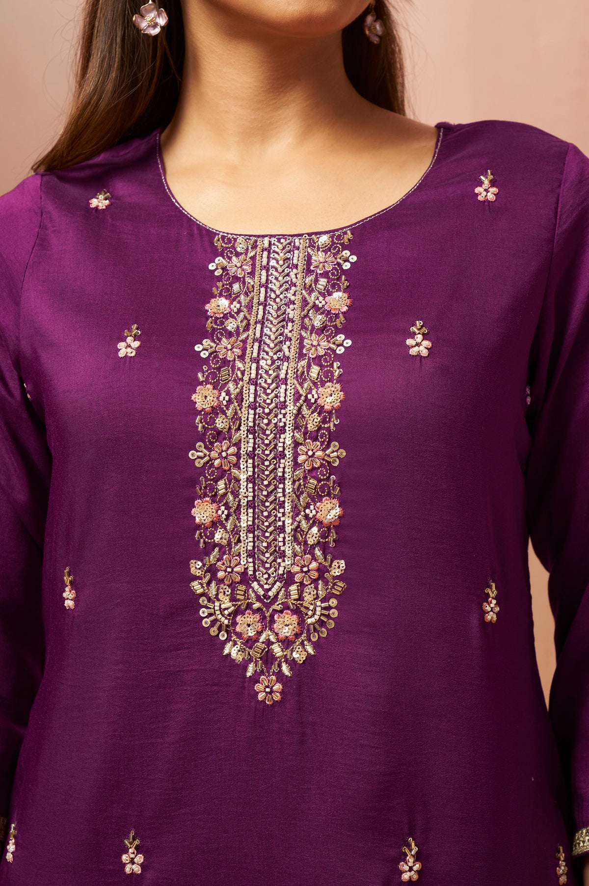 Wine Red Chinon Kurta Set with Embroidered Detailing