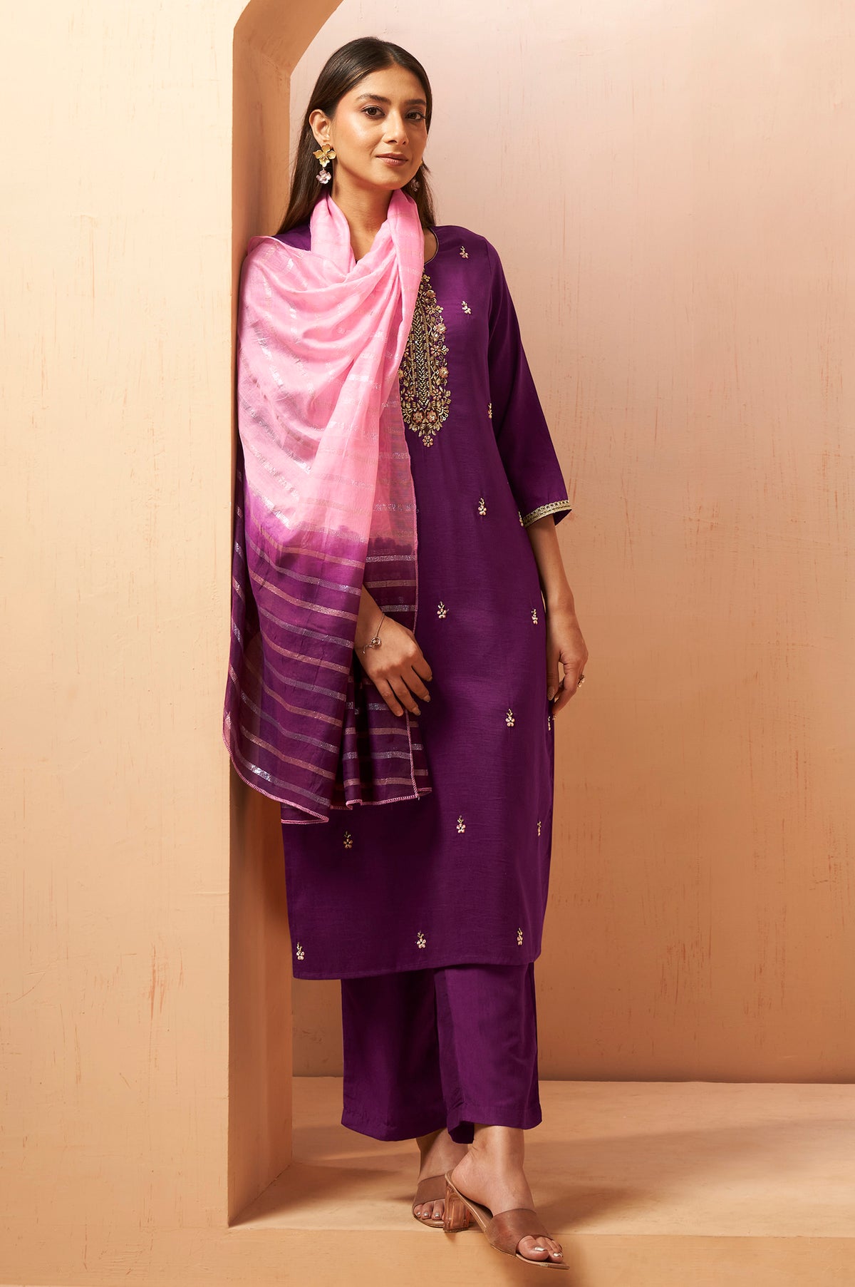 Wine Red Chinon Kurta Set with Embroidered Detailing