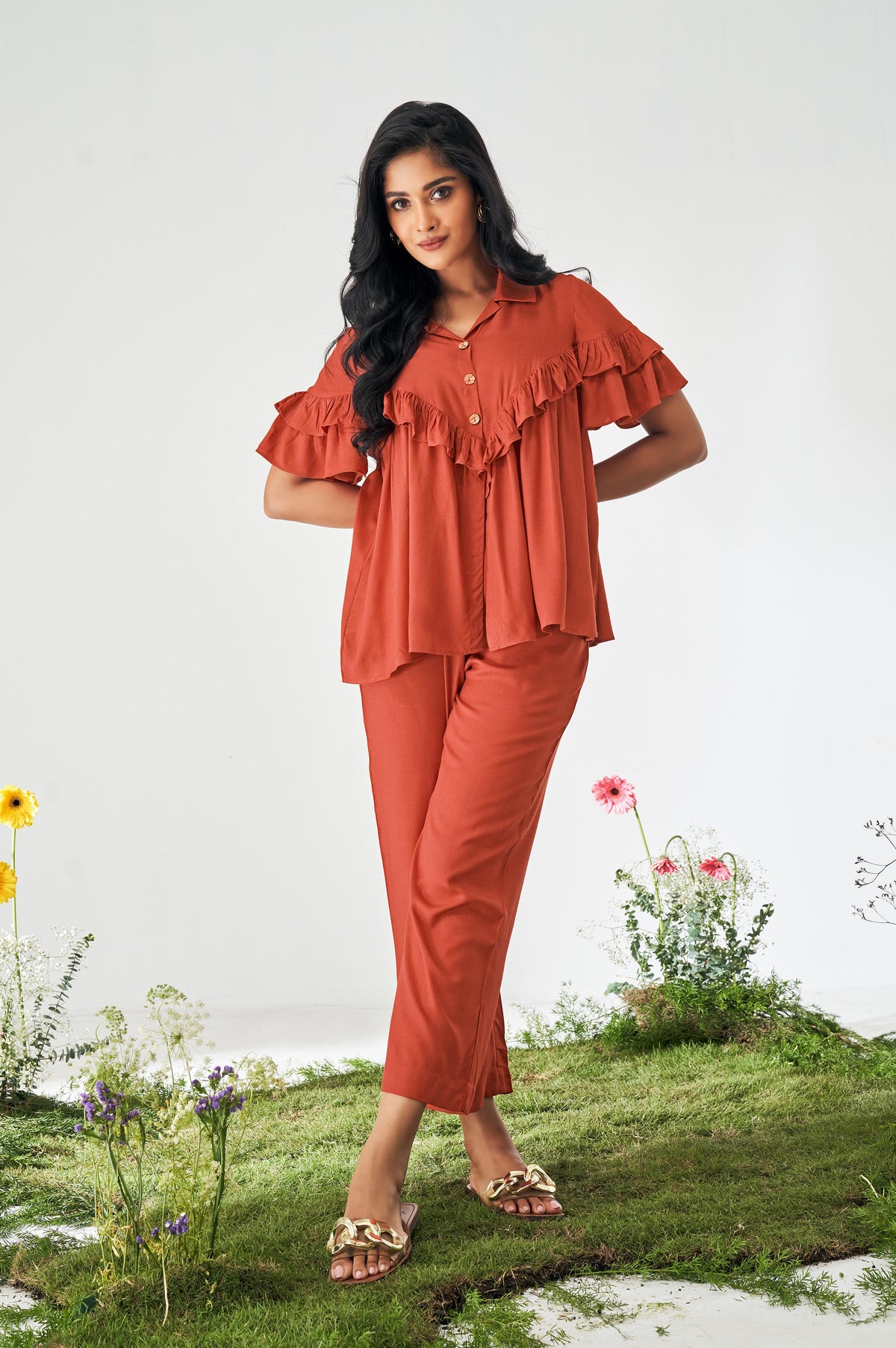 Rust Ruffle Co-Ord Set with Viscose Top & Pants
