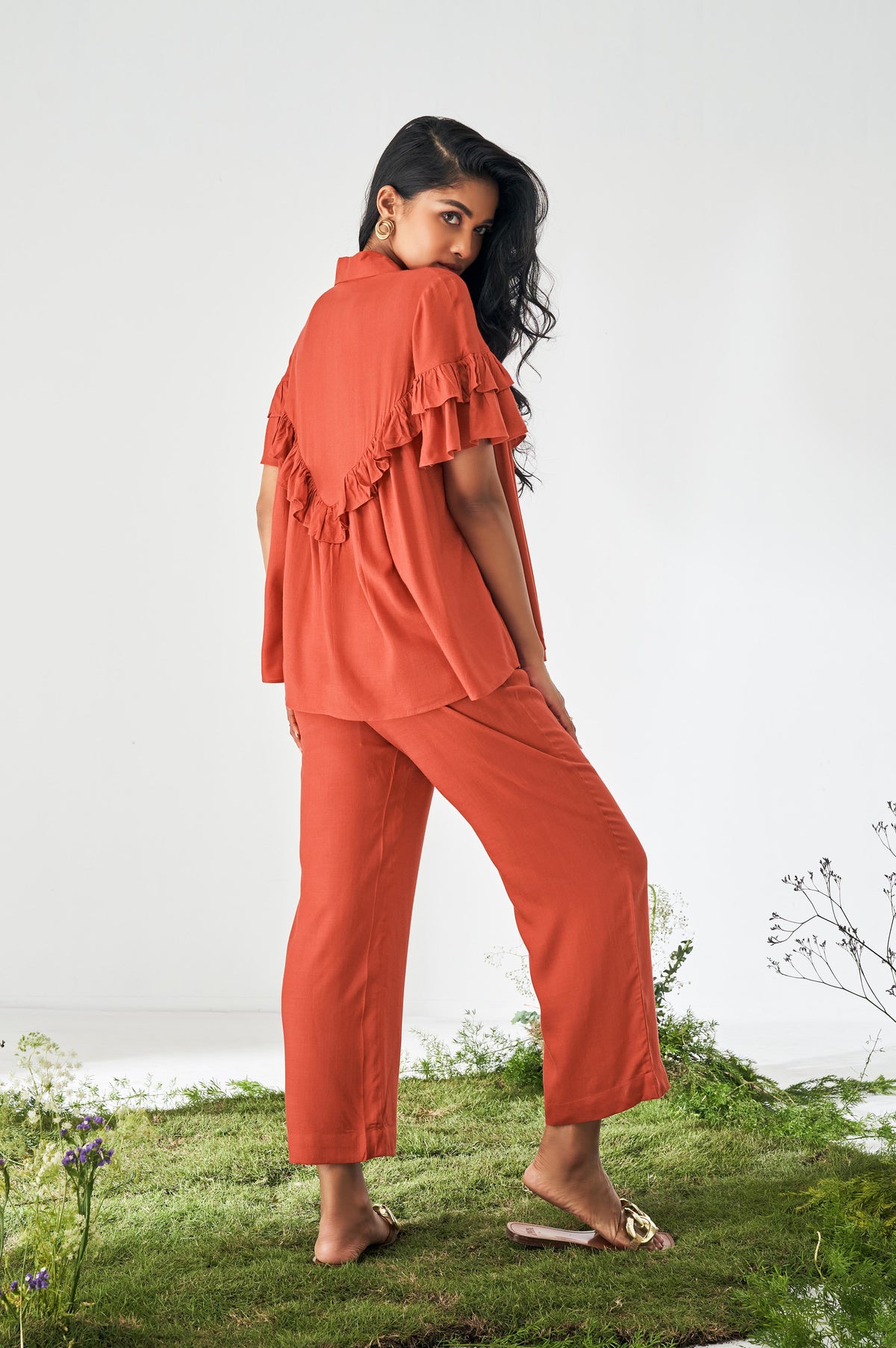 Rust Ruffle Co-Ord Set with Viscose Top & Pants