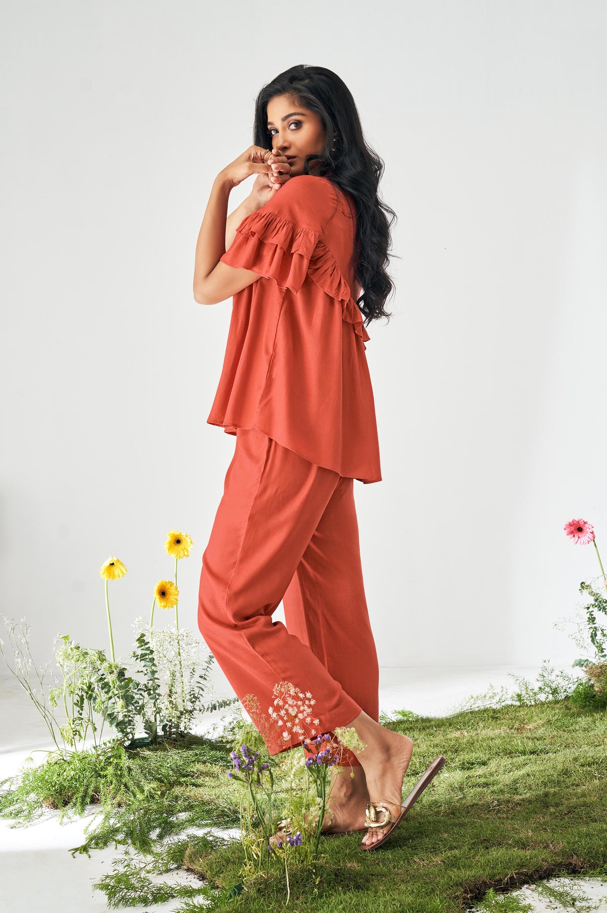 Rust Ruffle Co-Ord Set with Viscose Top & Pants