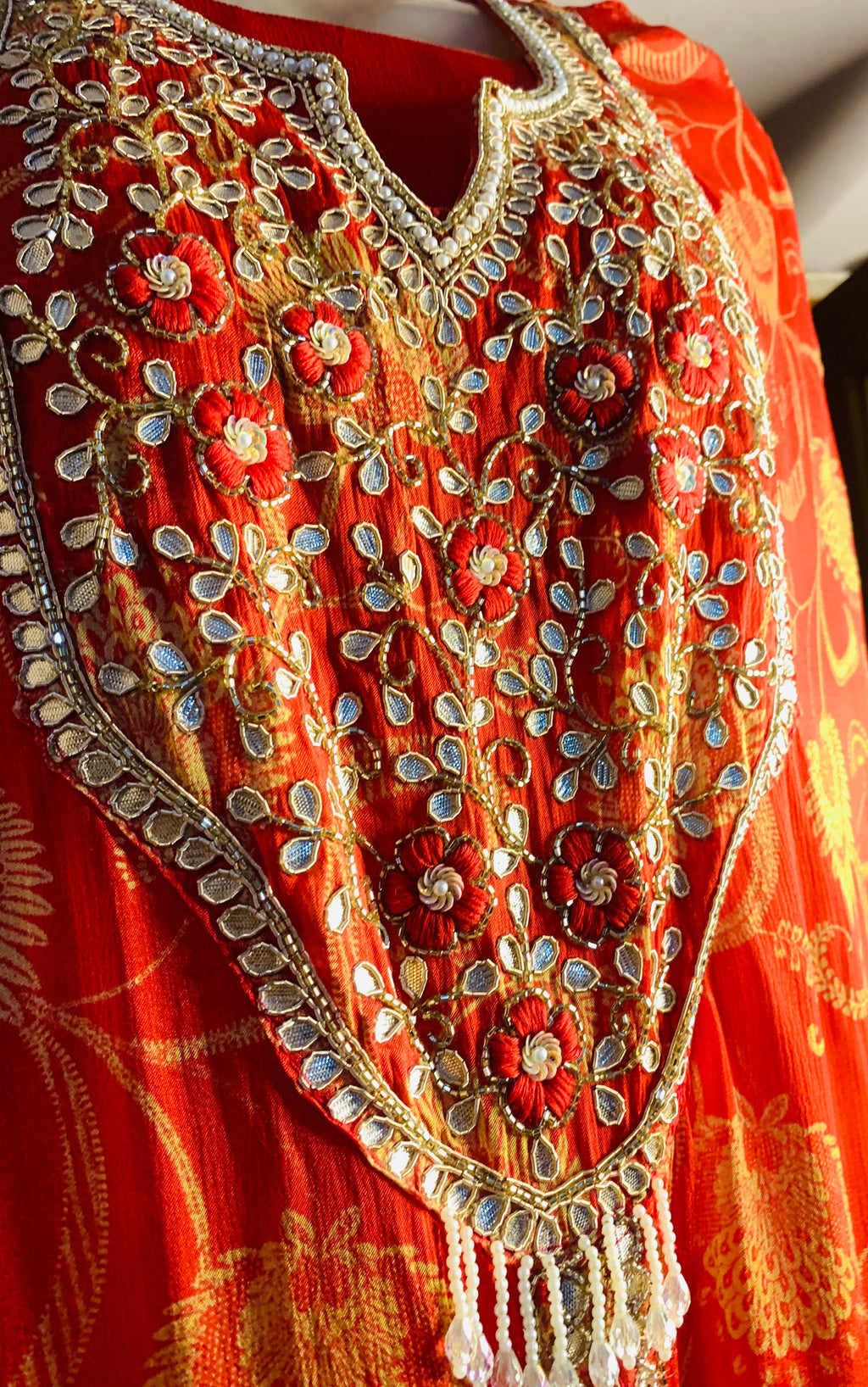 Red Embroidered Silk Anarkali Cape-styled festive Indo-Western Dress