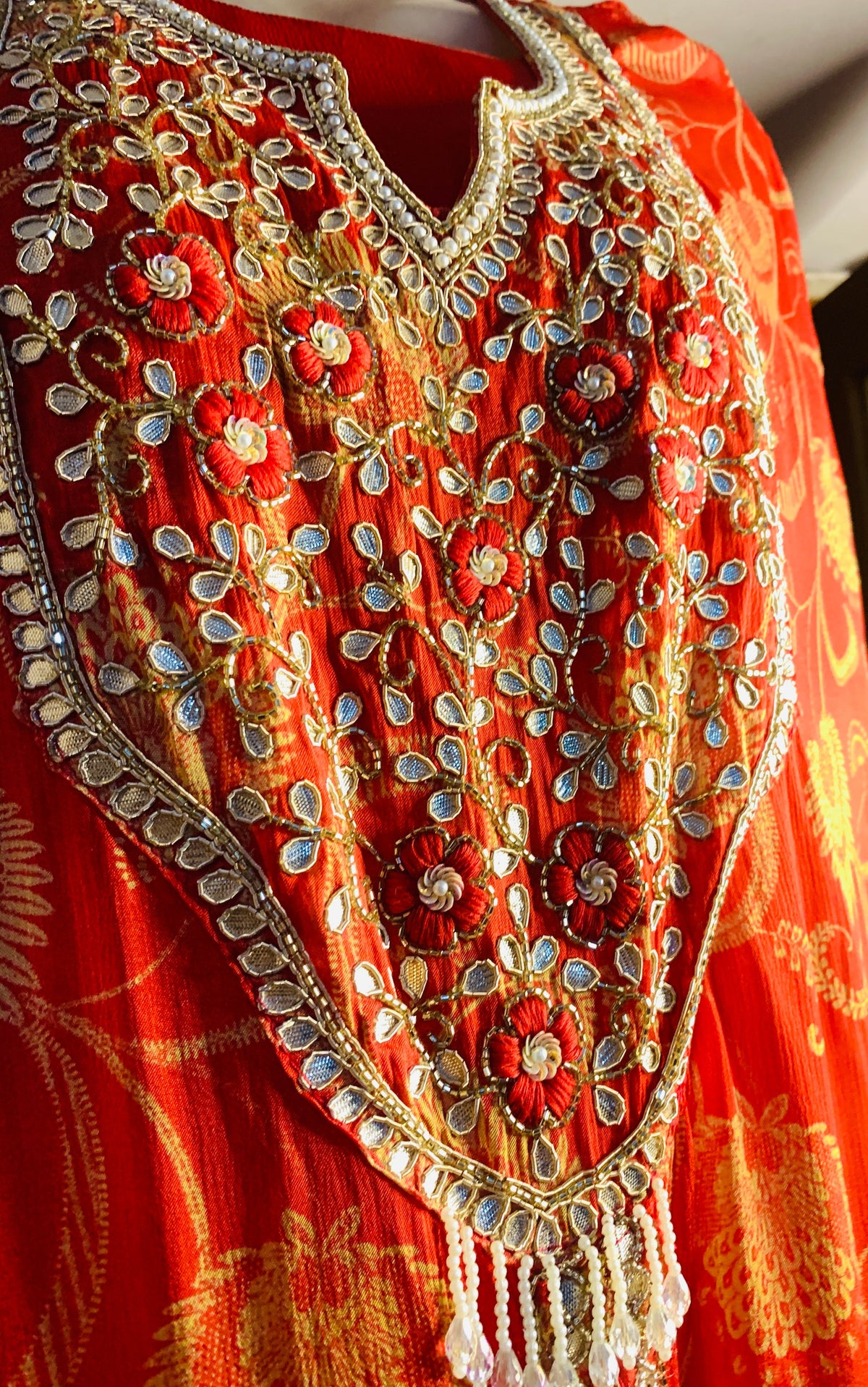 Red Embroidered Silk Anarkali Cape-styled festive Indo-Western Dress